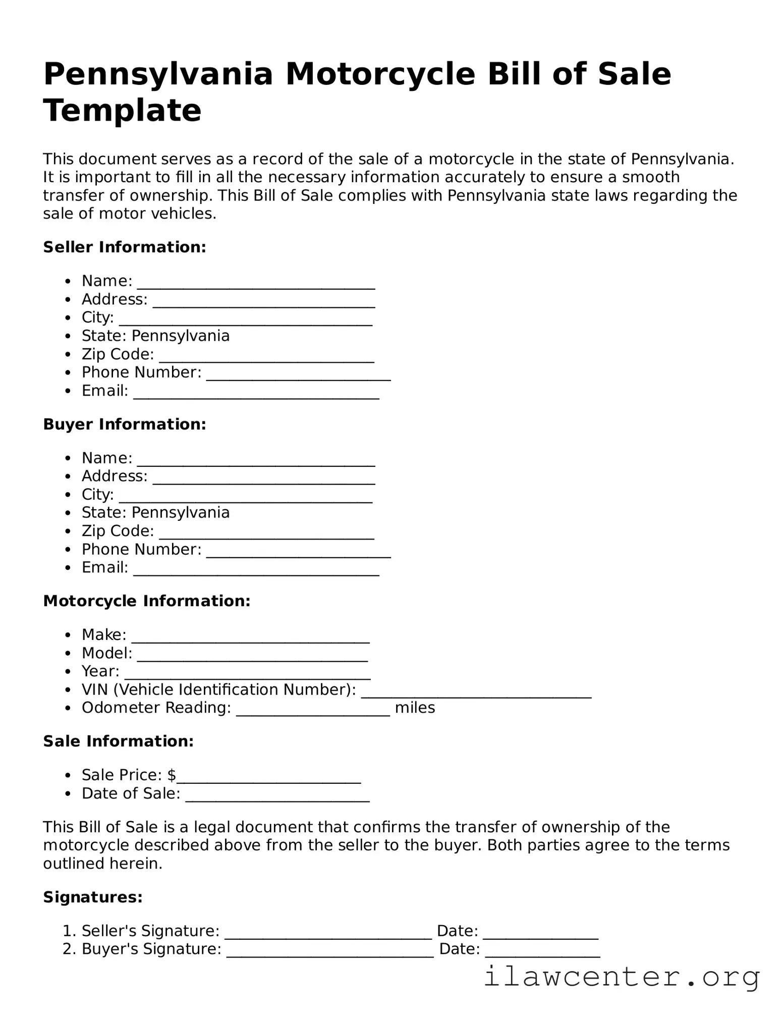Attorney-Verified  Motorcycle Bill of Sale Document for Pennsylvania