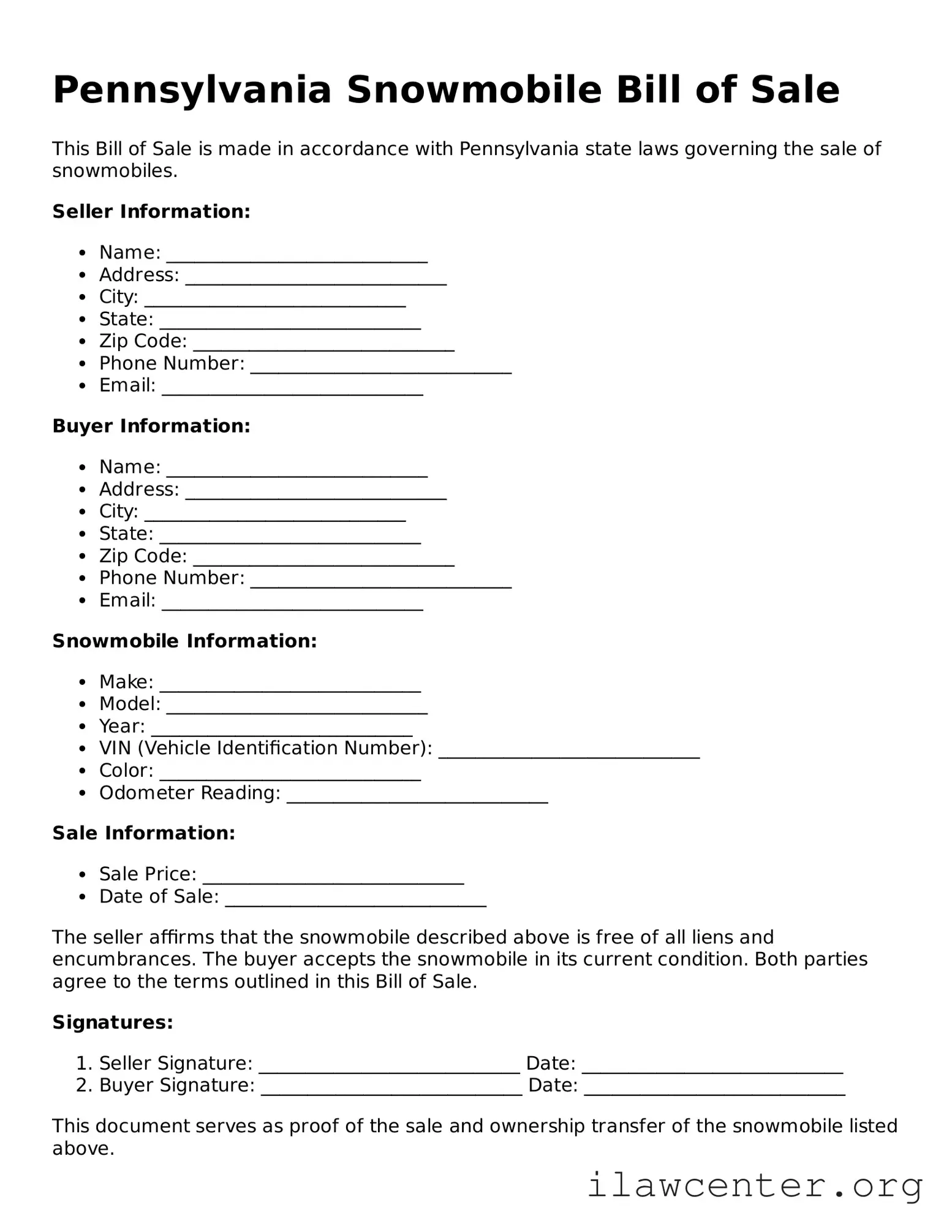 Attorney-Verified  Snowmobile Bill of Sale Document for Pennsylvania