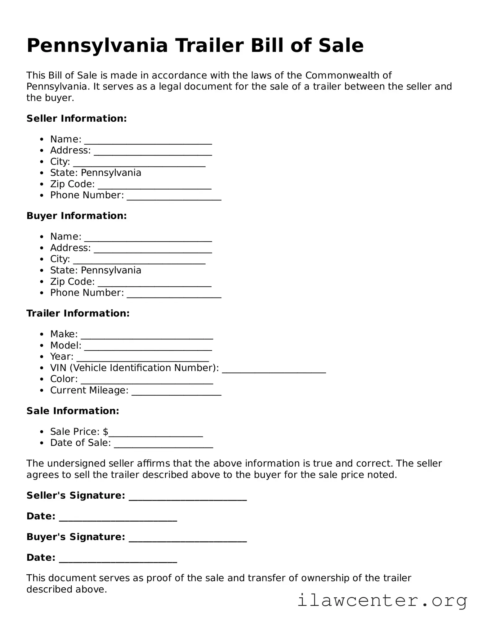 Attorney-Verified  Trailer Bill of Sale Document for Pennsylvania