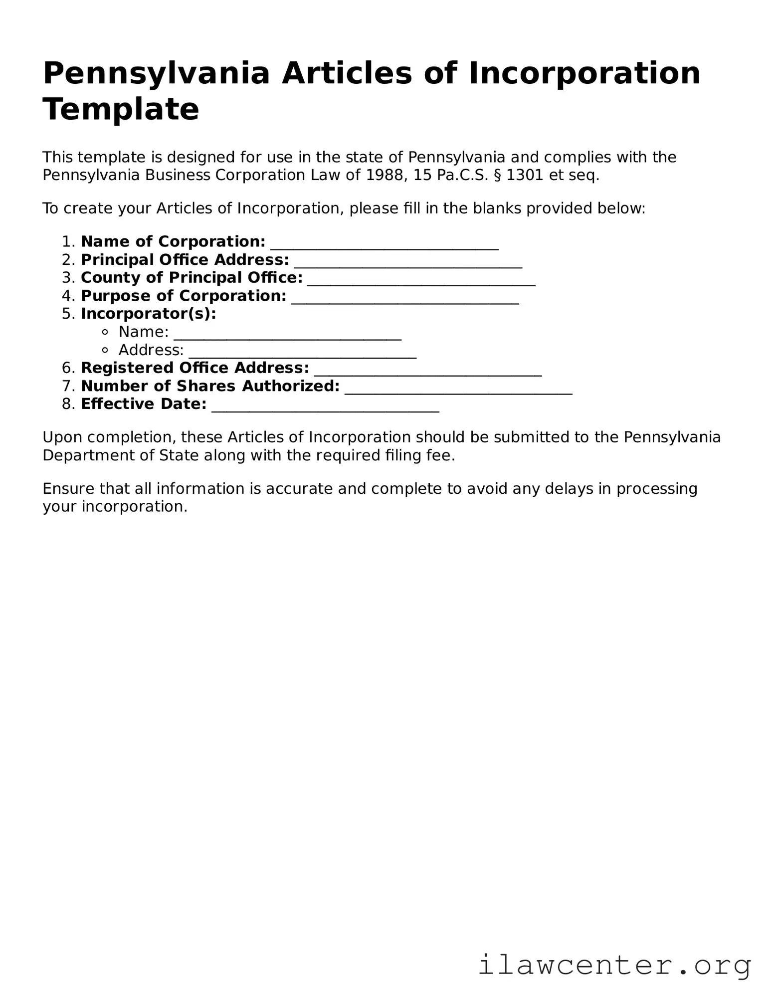 Attorney-Verified  Articles of Incorporation Document for Pennsylvania