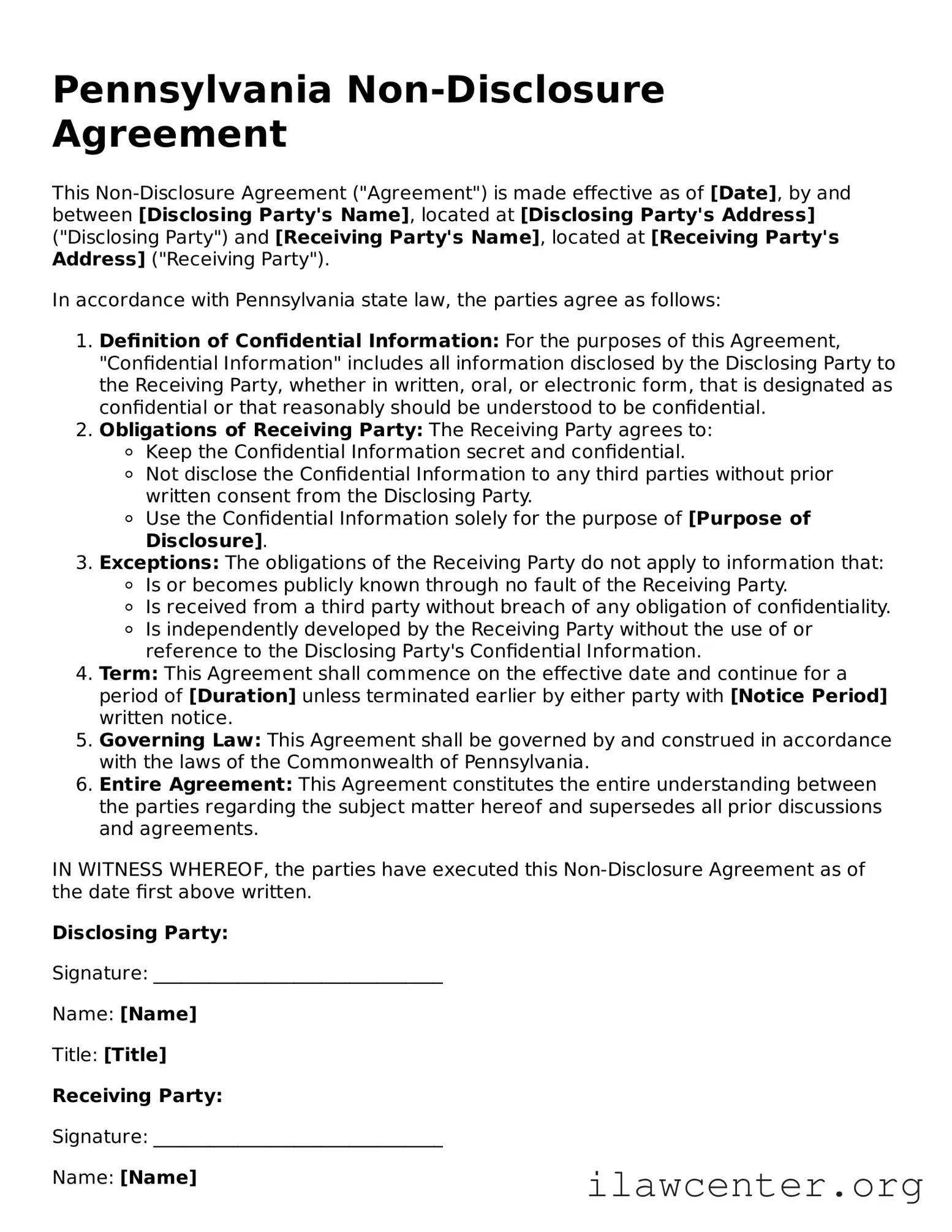 Attorney-Verified  Non-disclosure Agreement Document for Pennsylvania