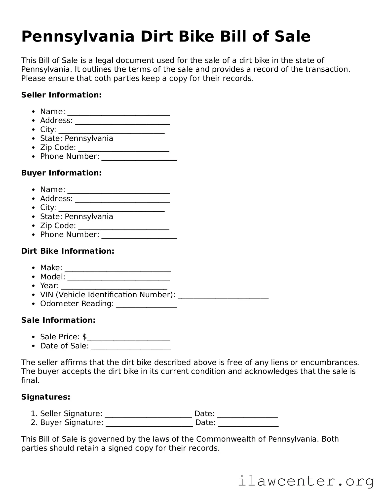 Attorney-Verified  Dirt Bike Bill of Sale Document for Pennsylvania