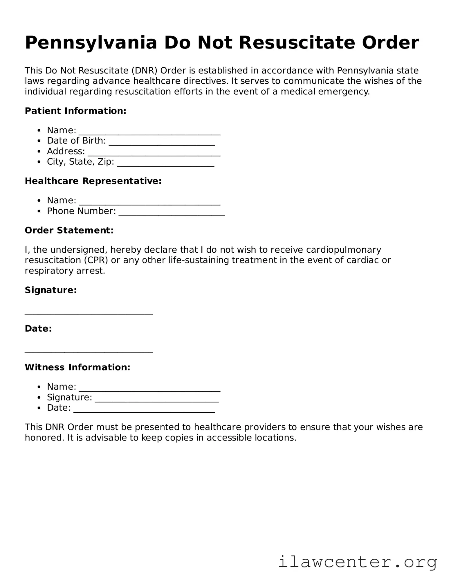 Attorney-Verified  Do Not Resuscitate Order Document for Pennsylvania