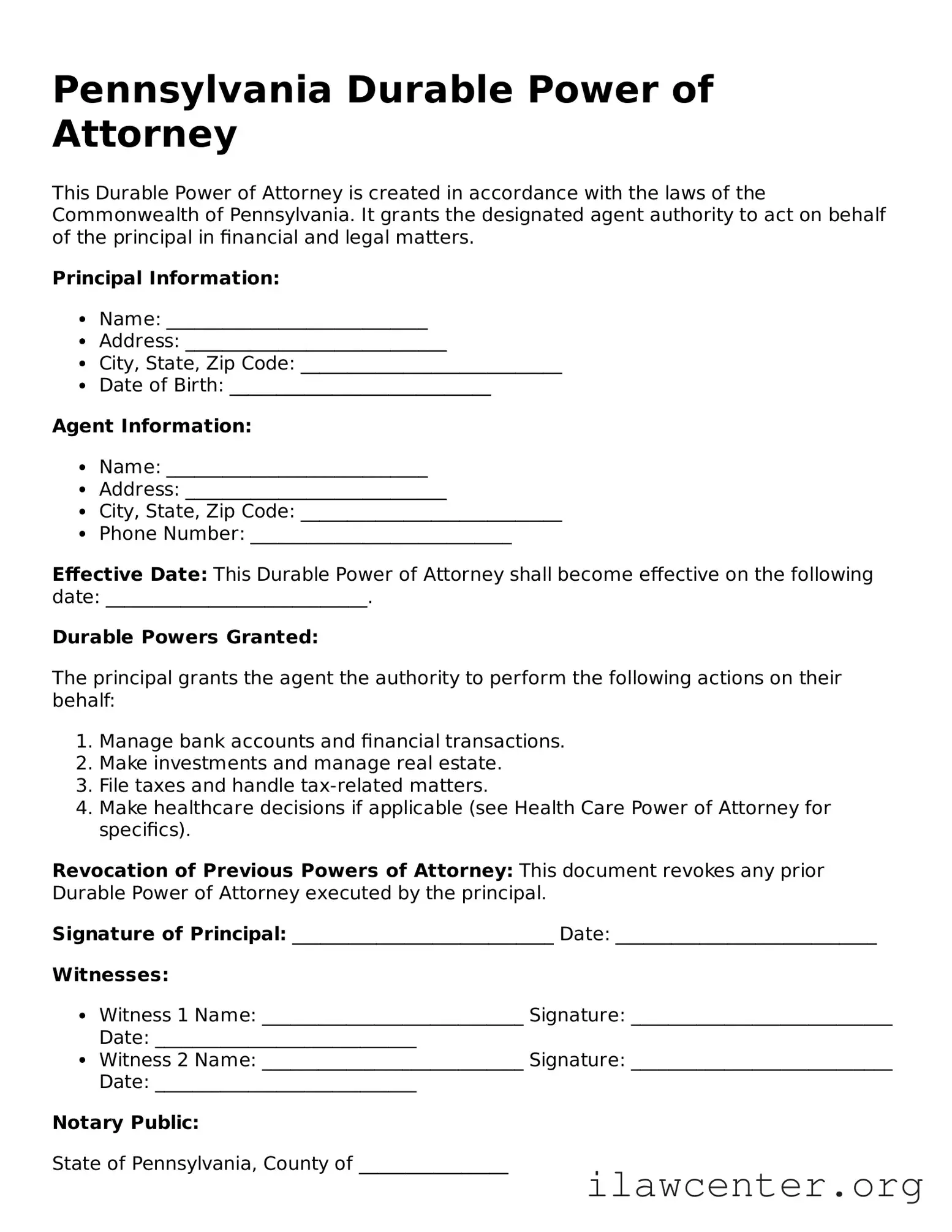 Attorney-Verified  Durable Power of Attorney Document for Pennsylvania