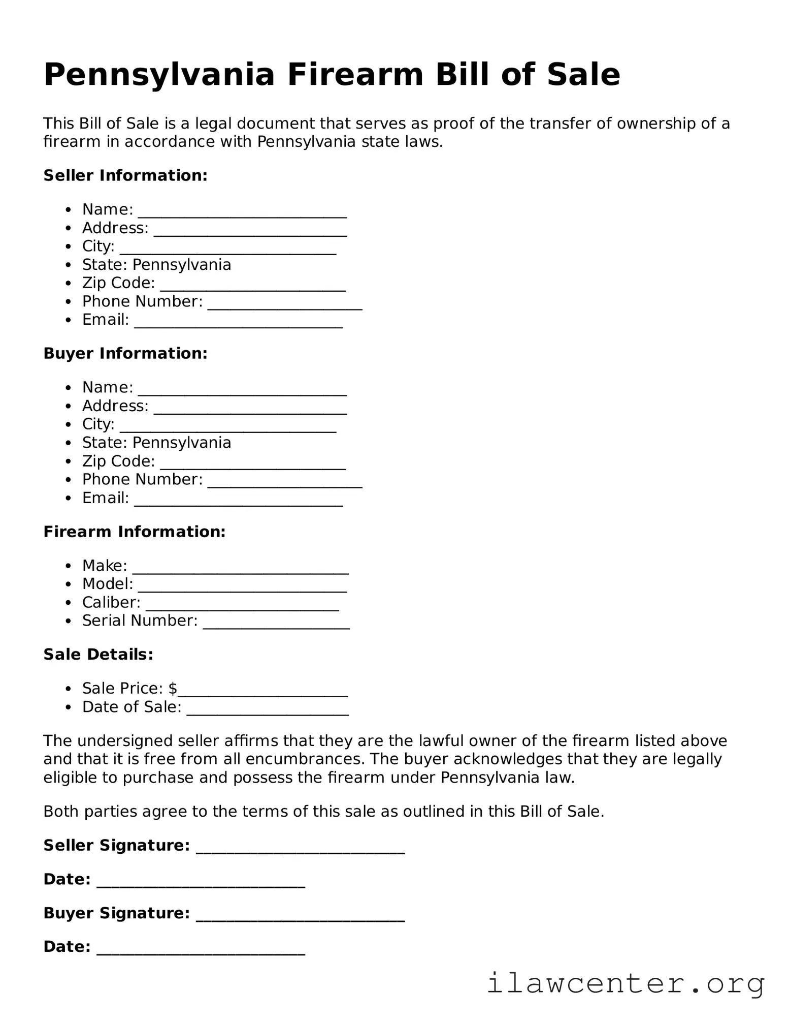 Attorney-Verified  Firearm Bill of Sale Document for Pennsylvania
