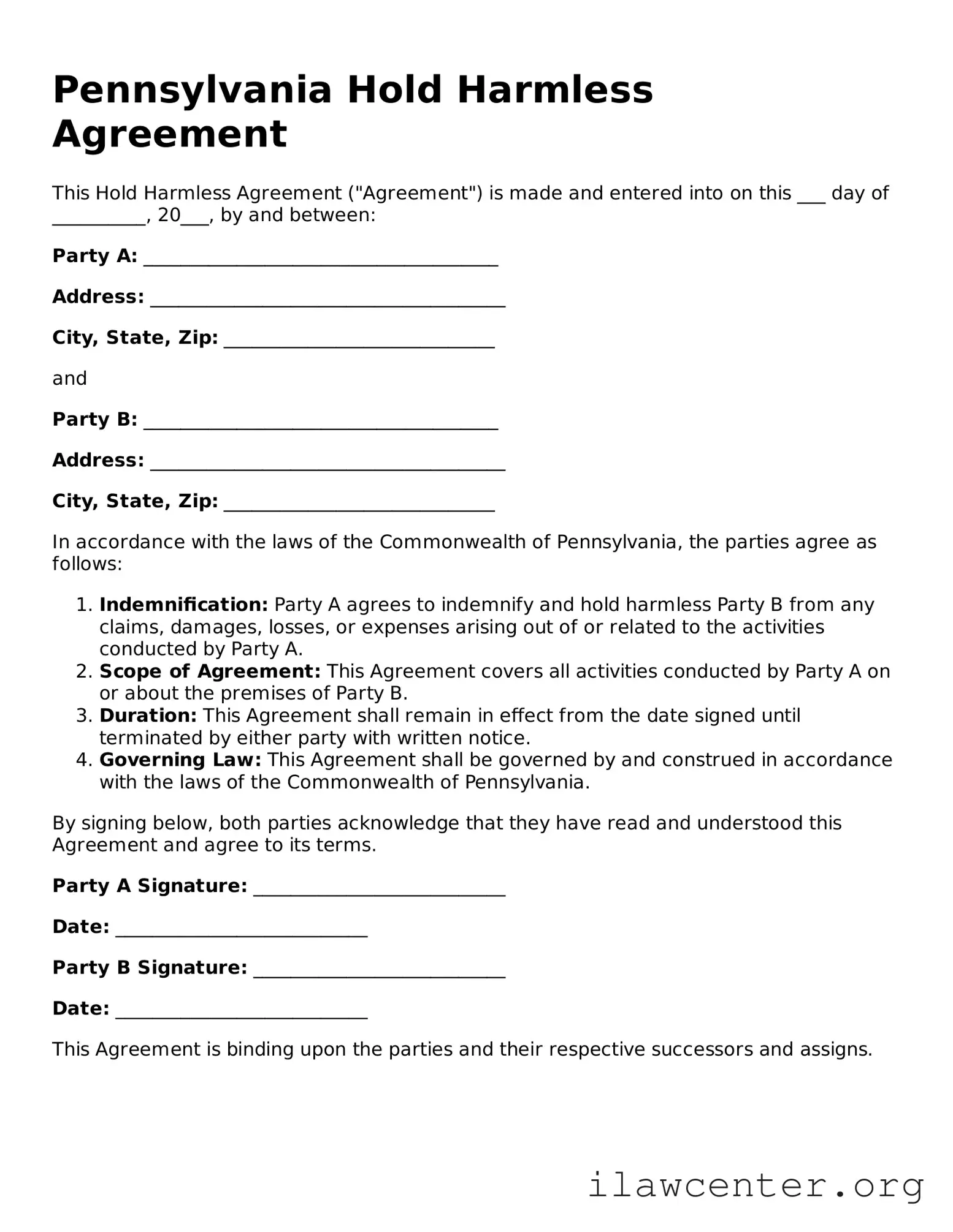 Attorney-Verified  Hold Harmless Agreement Document for Pennsylvania