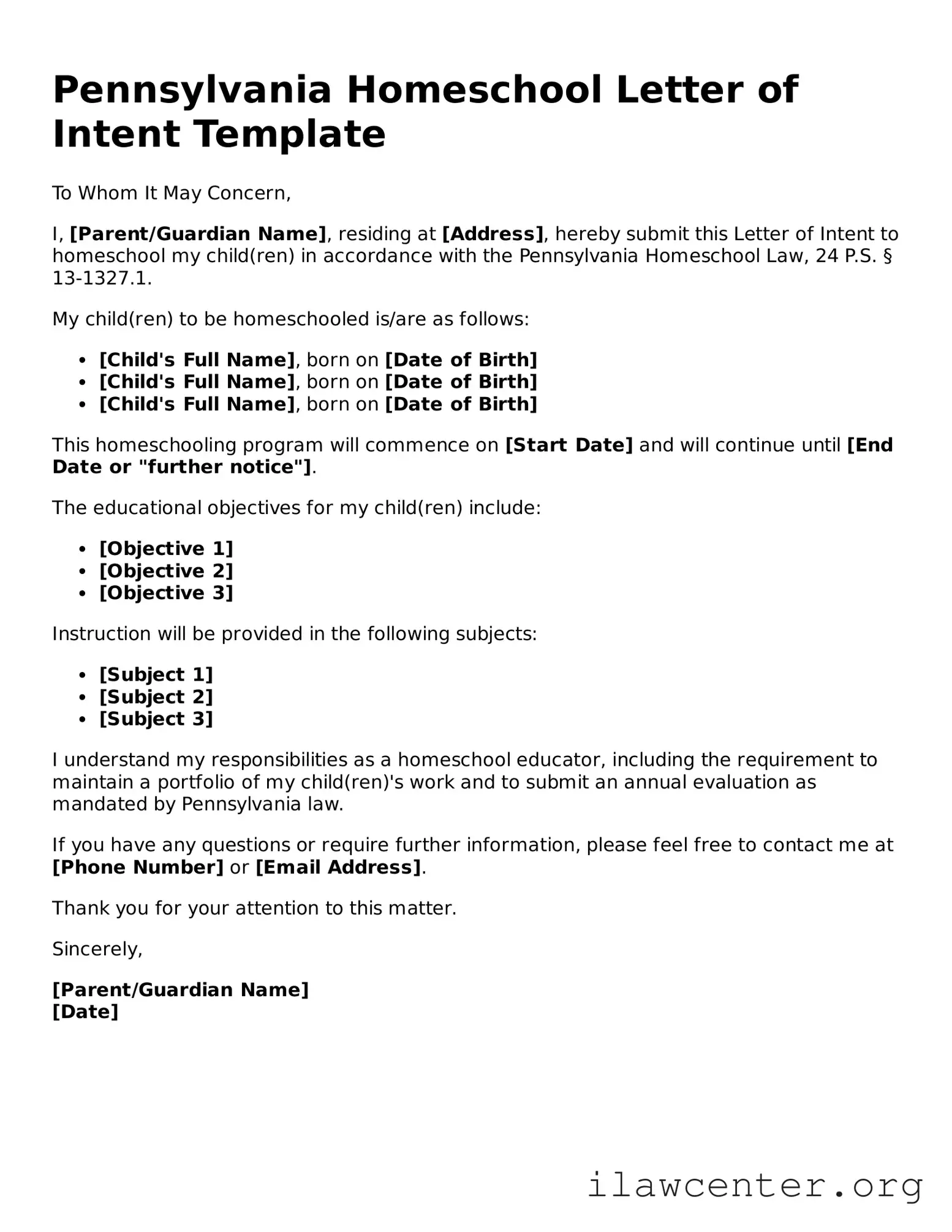 Attorney-Verified  Homeschool Letter of Intent Document for Pennsylvania