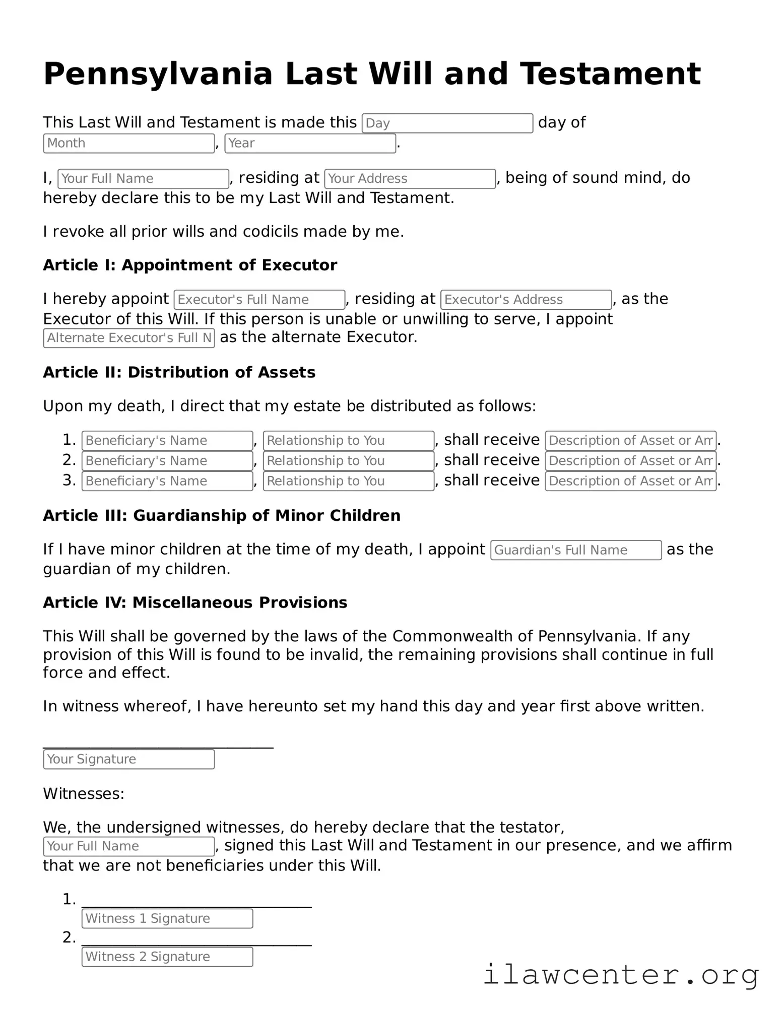 Attorney-Verified  Last Will and Testament Document for Pennsylvania