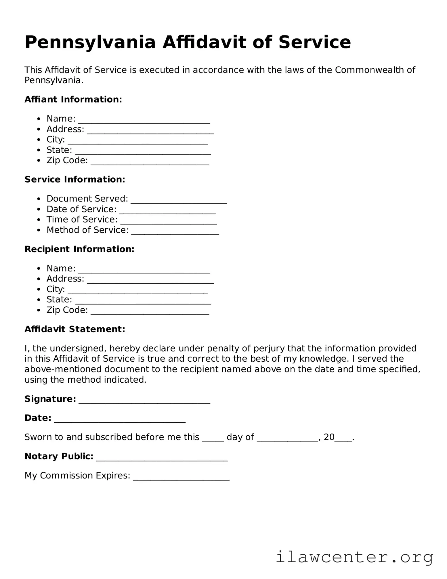 Attorney-Verified  Affidavit of Service Document for Pennsylvania