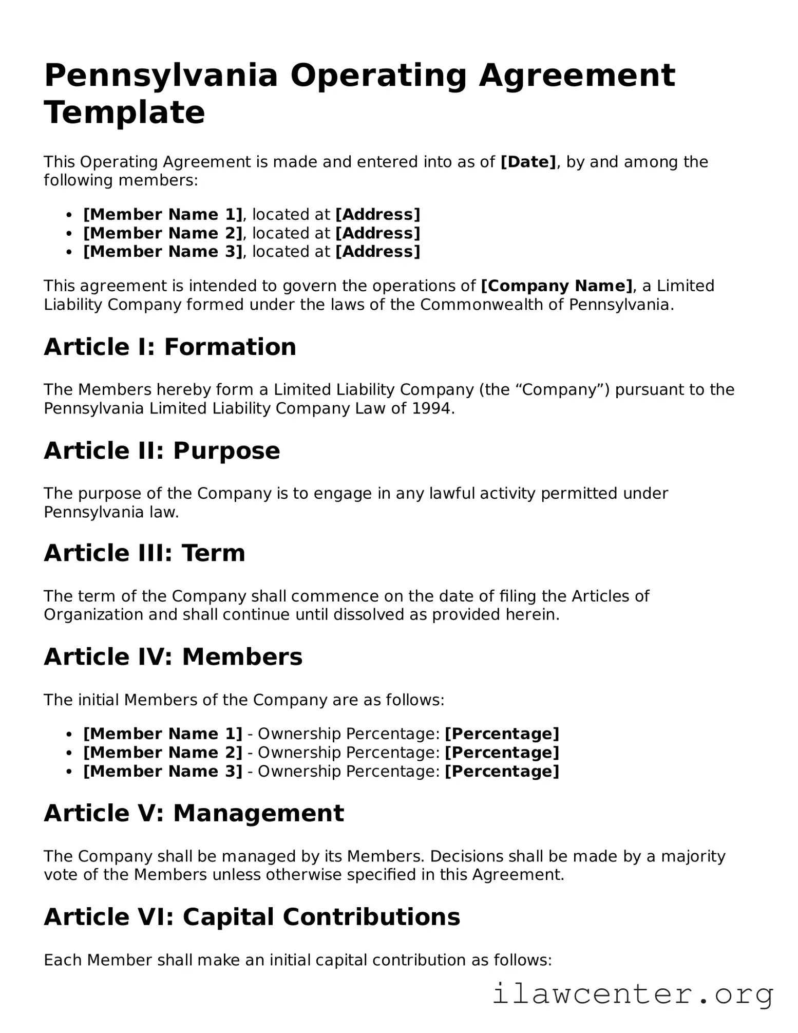 Attorney-Verified  Operating Agreement Document for Pennsylvania
