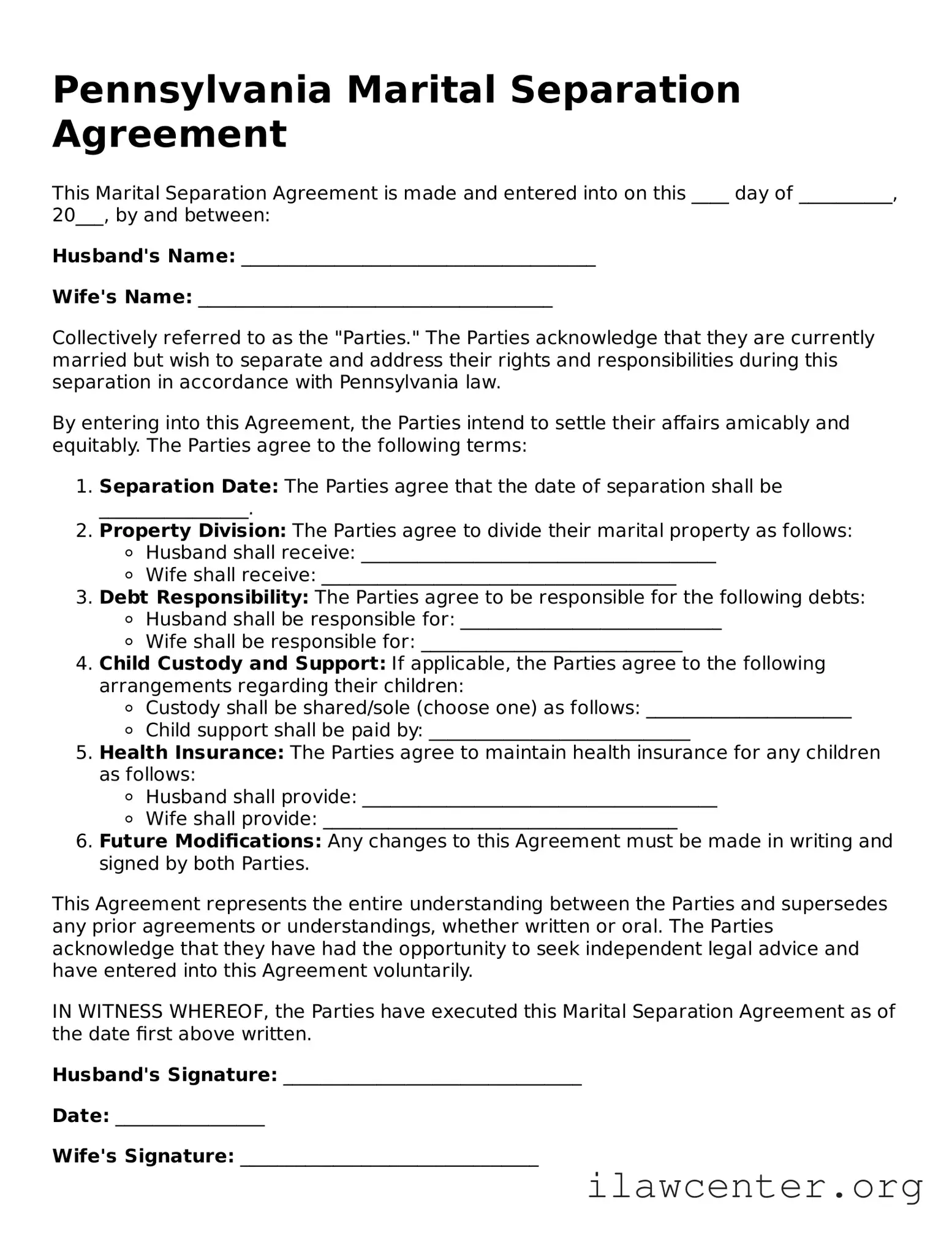 Attorney-Verified  Marital Separation Agreement Document for Pennsylvania