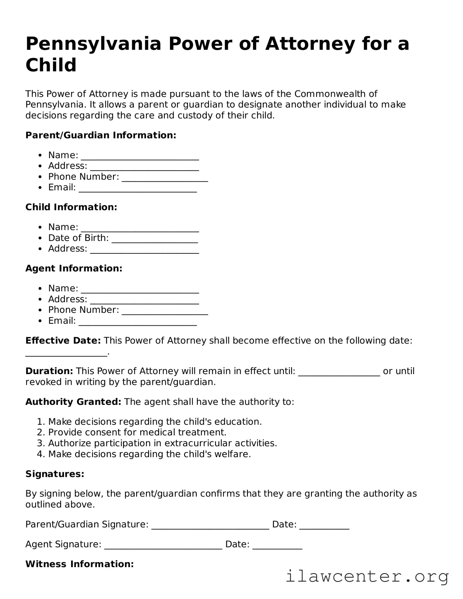 Attorney-Verified  Power of Attorney for a Child Document for Pennsylvania