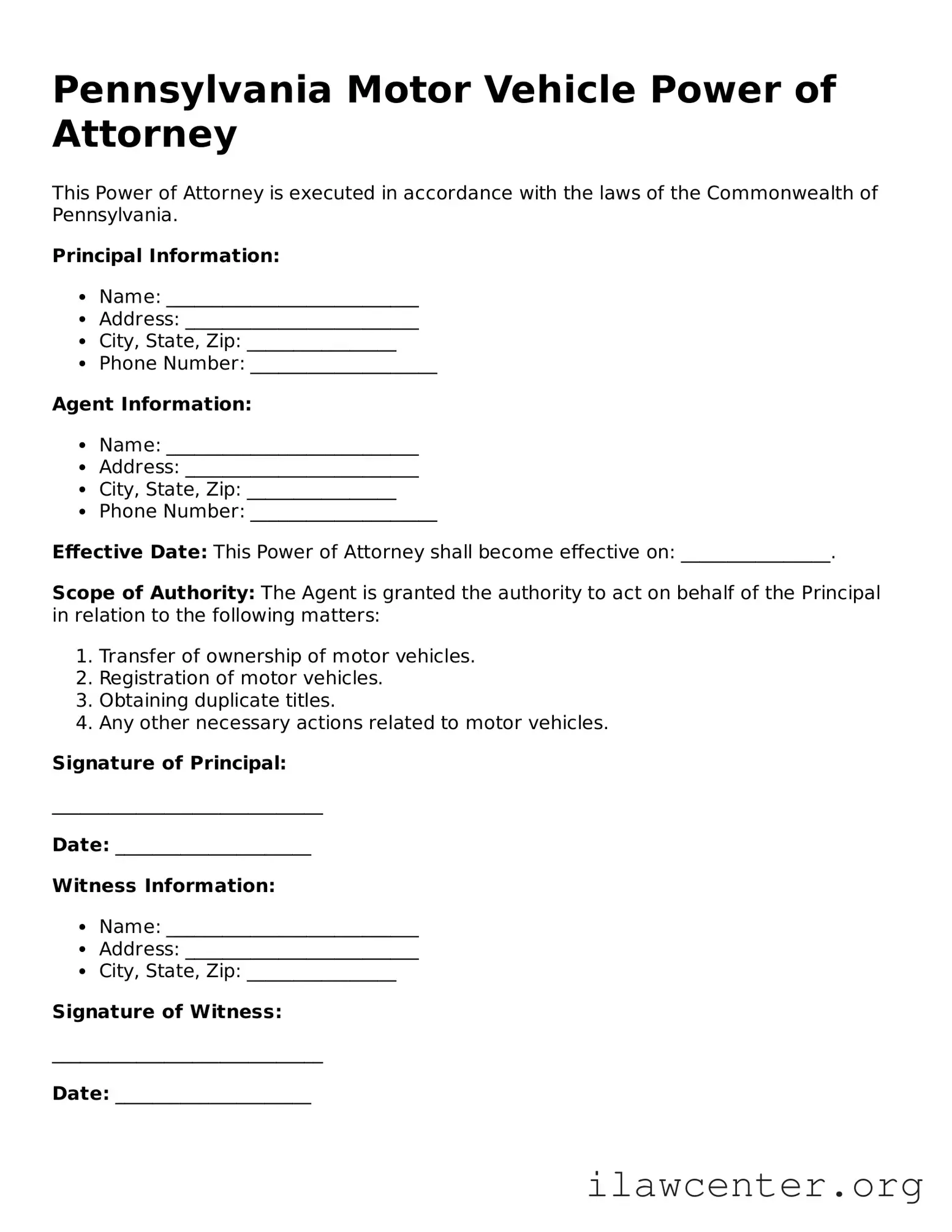 Attorney-Verified  Motor Vehicle Power of Attorney Document for Pennsylvania