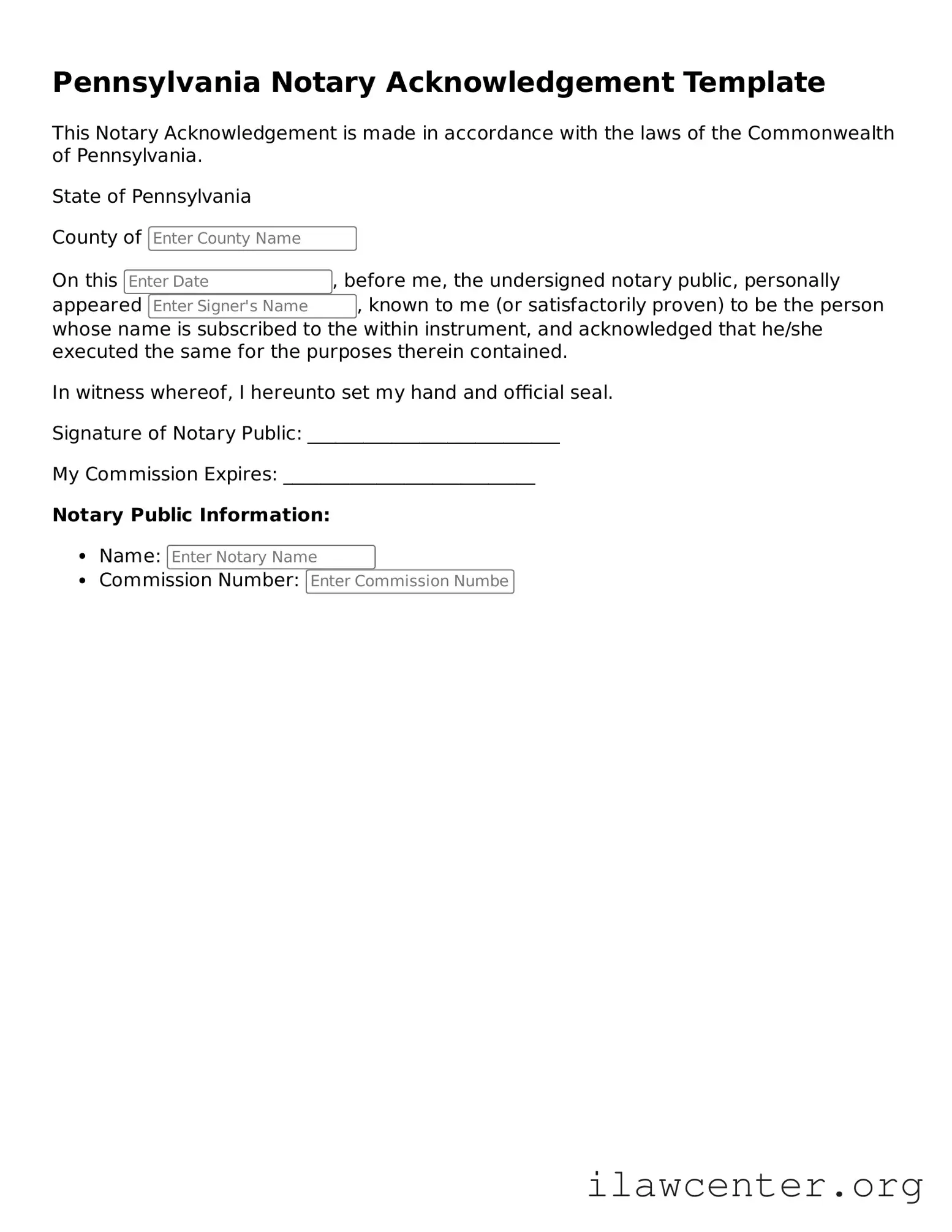 Attorney-Verified  Notary Acknowledgement Document for Pennsylvania