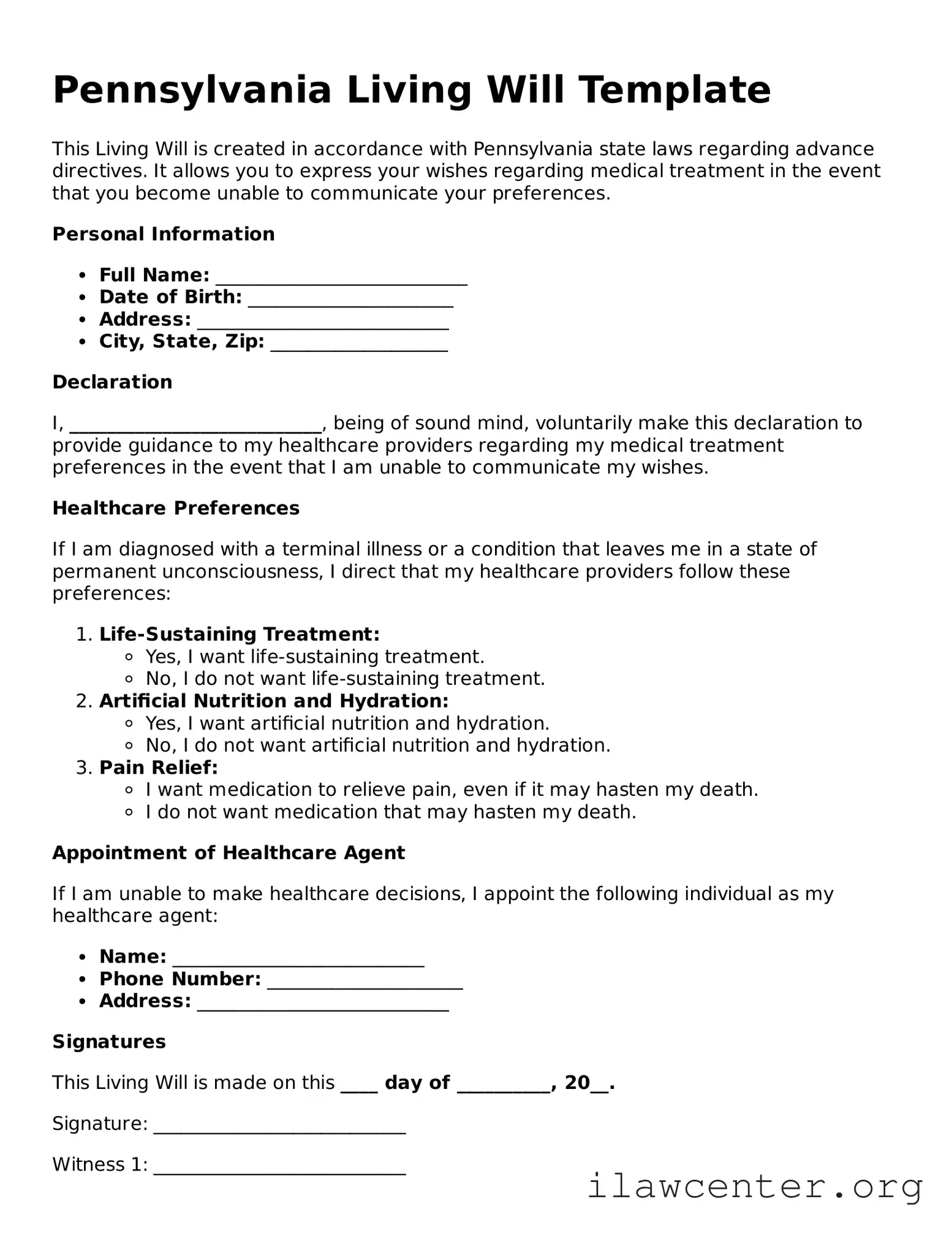 Attorney-Verified  Living Will Document for Pennsylvania