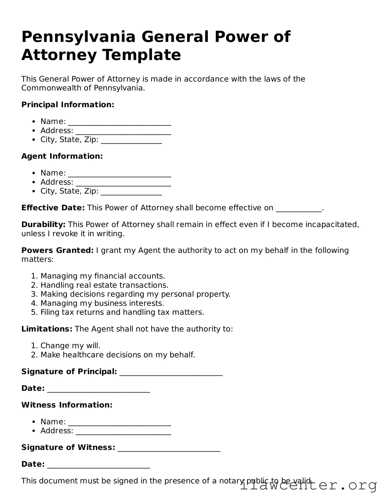 Attorney-Verified  General Power of Attorney Document for Pennsylvania