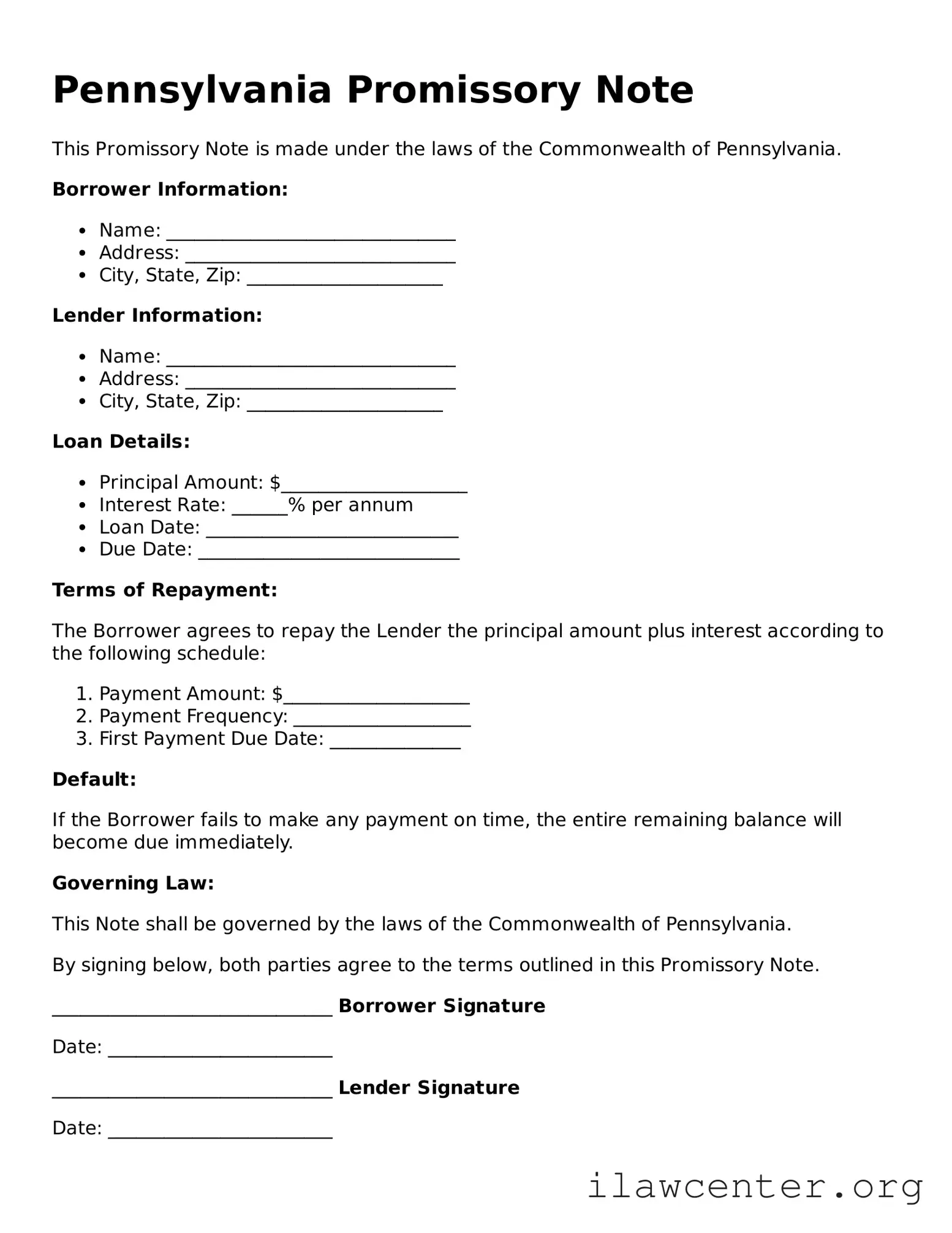 Attorney-Verified  Promissory Note Document for Pennsylvania