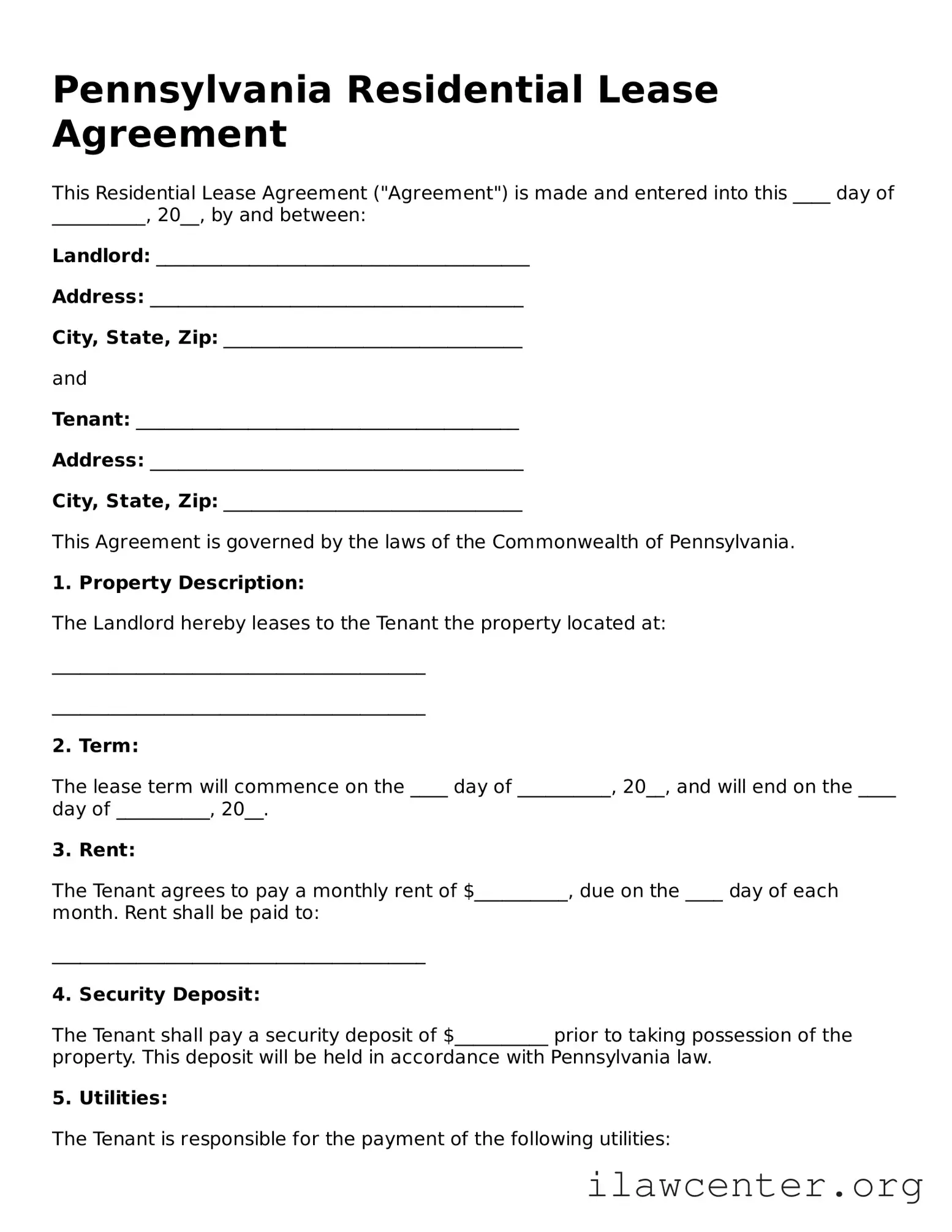 Attorney-Verified  Residential Lease Agreement Document for Pennsylvania