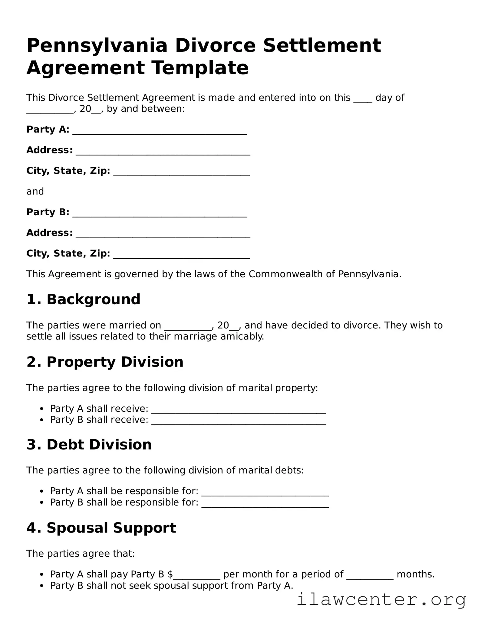 Attorney-Verified  Divorce Settlement Agreement Document for Pennsylvania