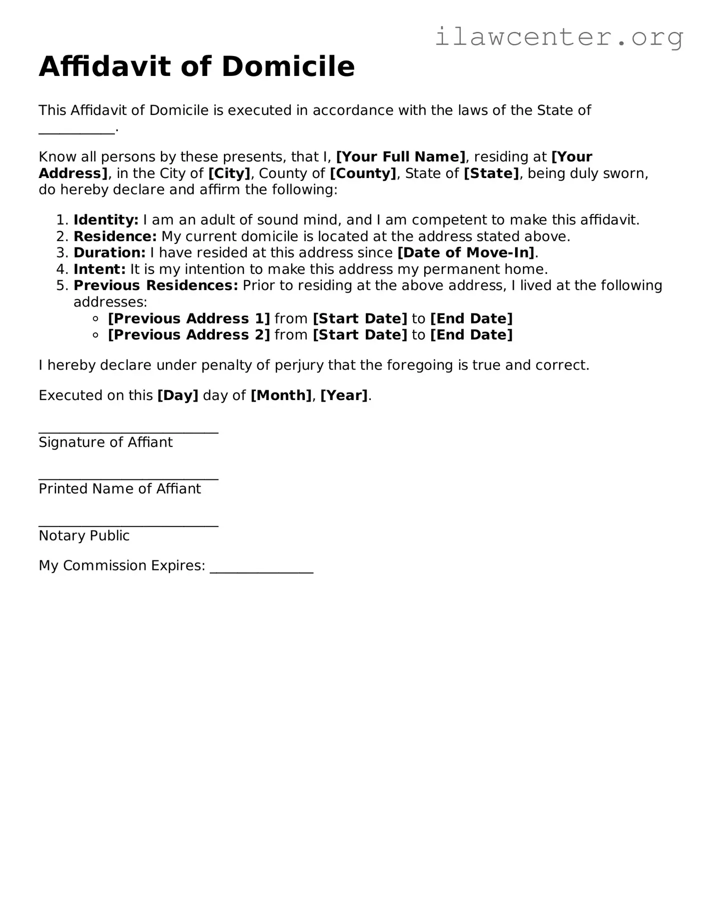 Fillable Affidavit of Domicile Document