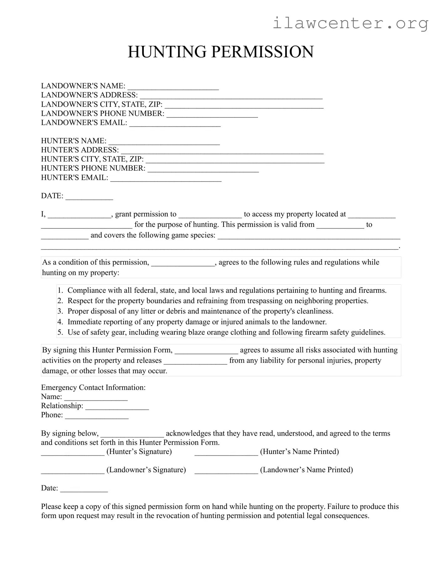 Hunter Permission PDF Template