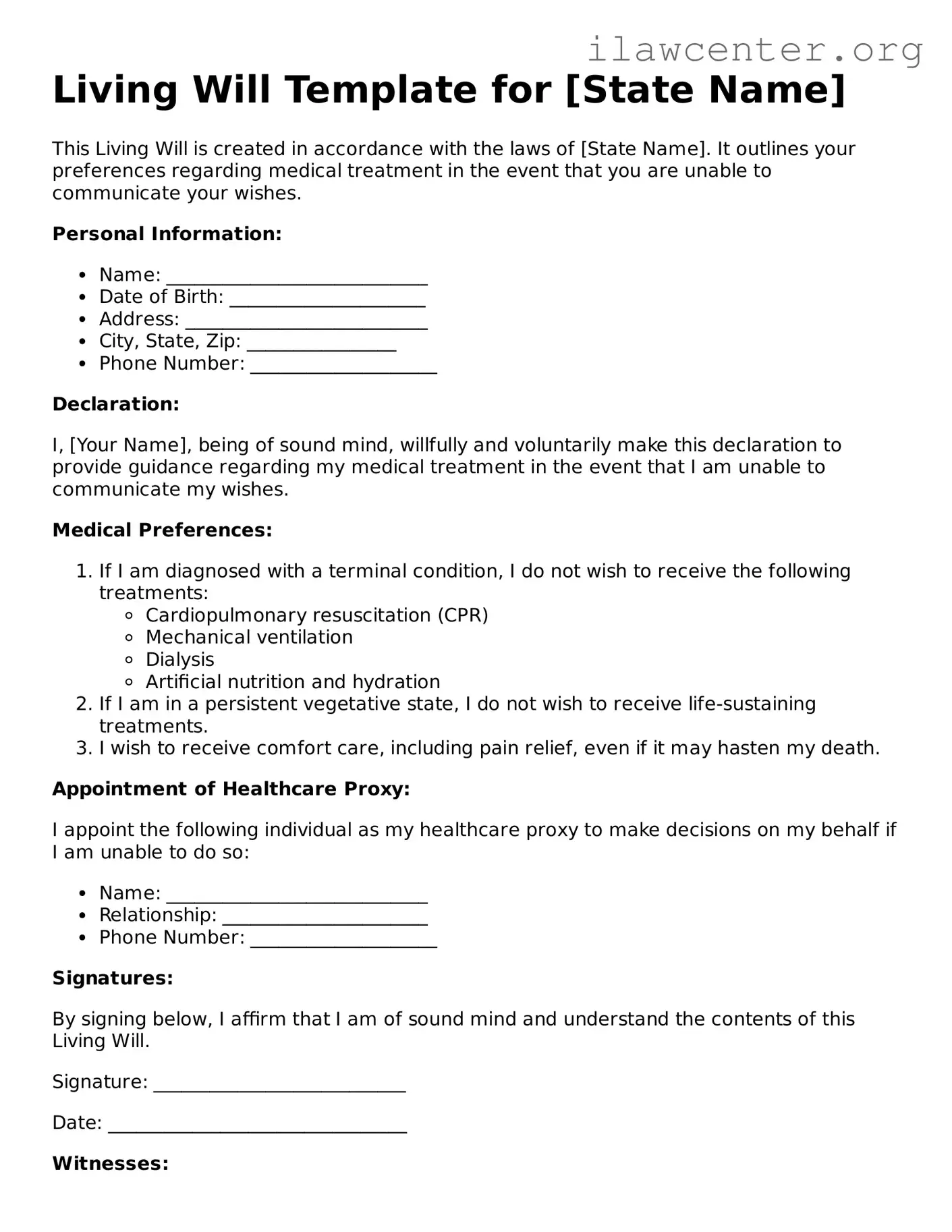 Fillable Living Will Document