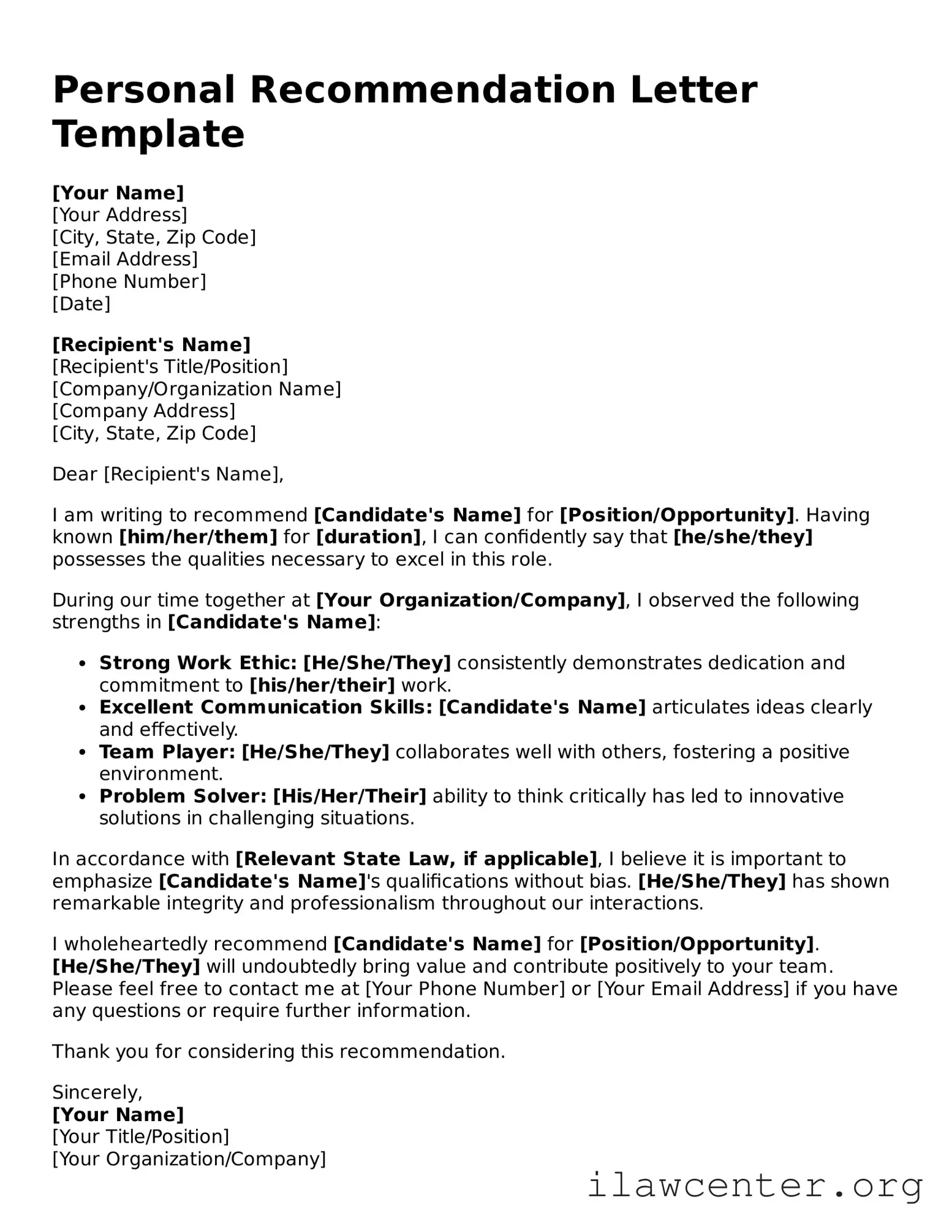 Fillable Personal Recommendation Letter Document
