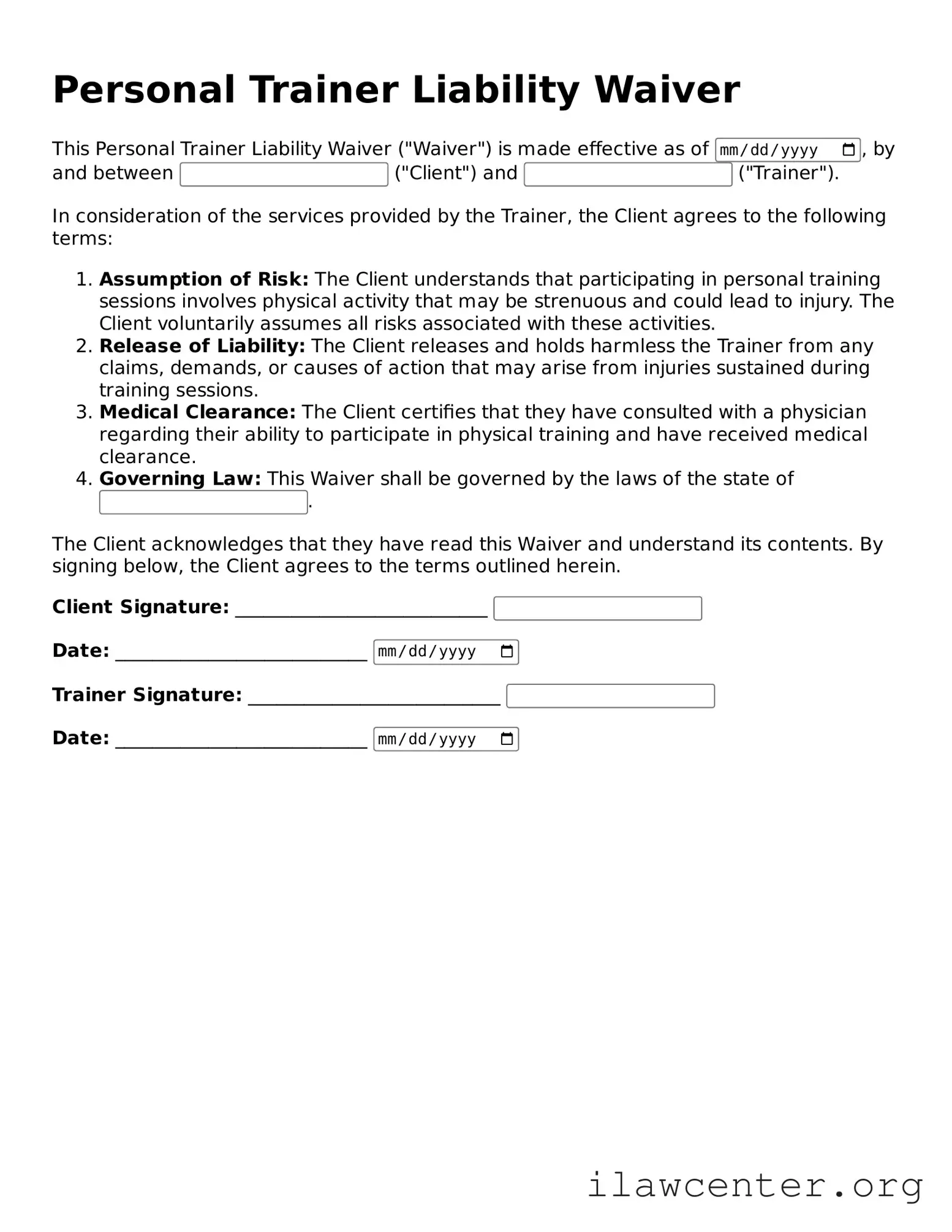 Fillable Personal Trainer Liability Waiver Document