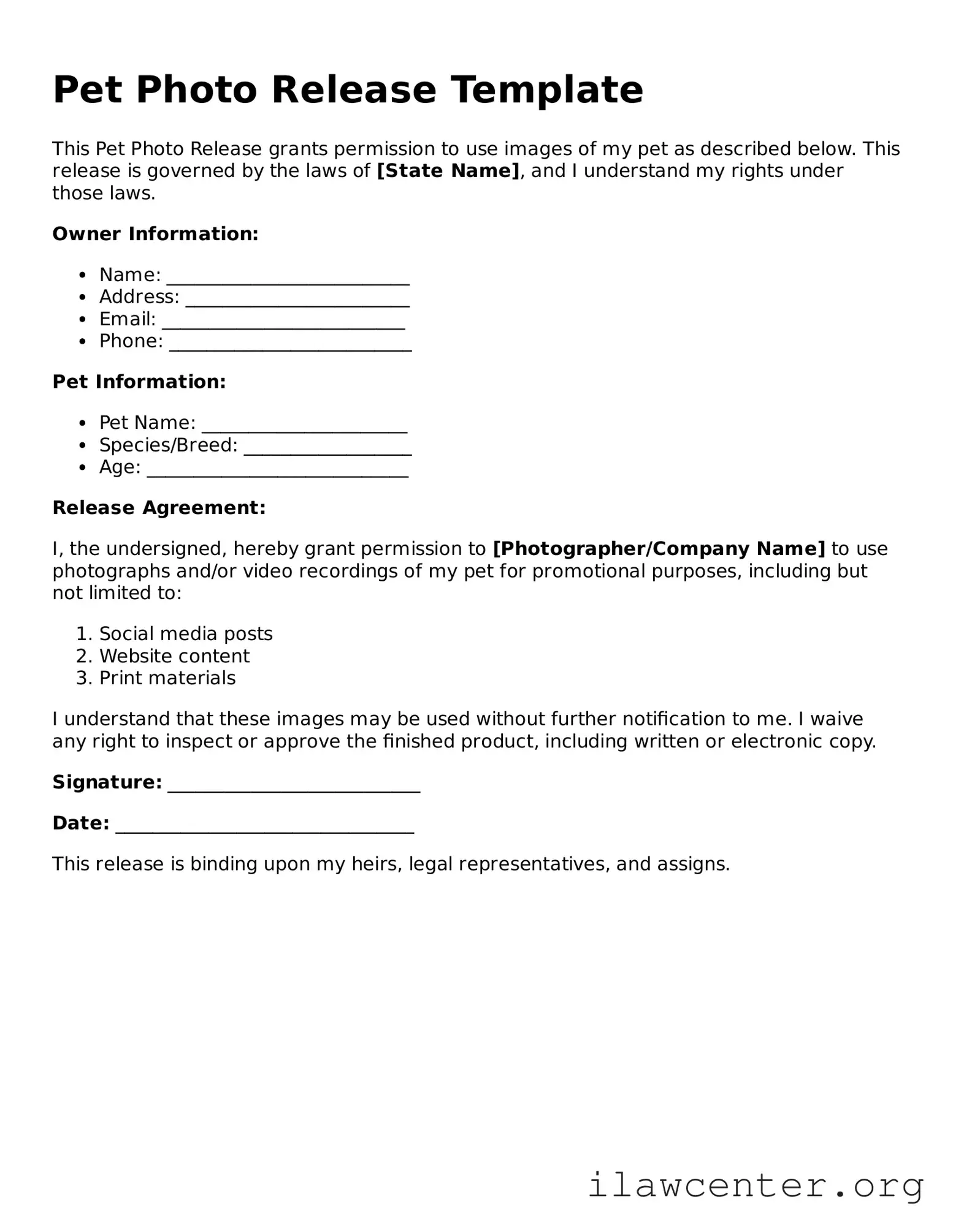 Fillable Pet Photo Release Document