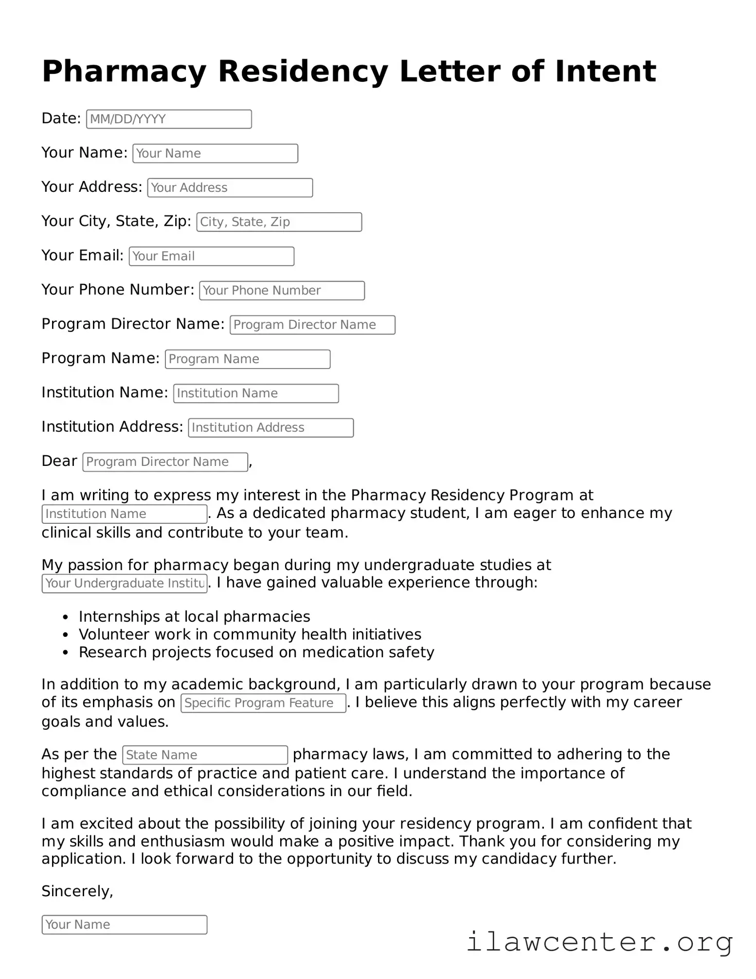 Fillable Pharmacy Residency Letter of Intent Document