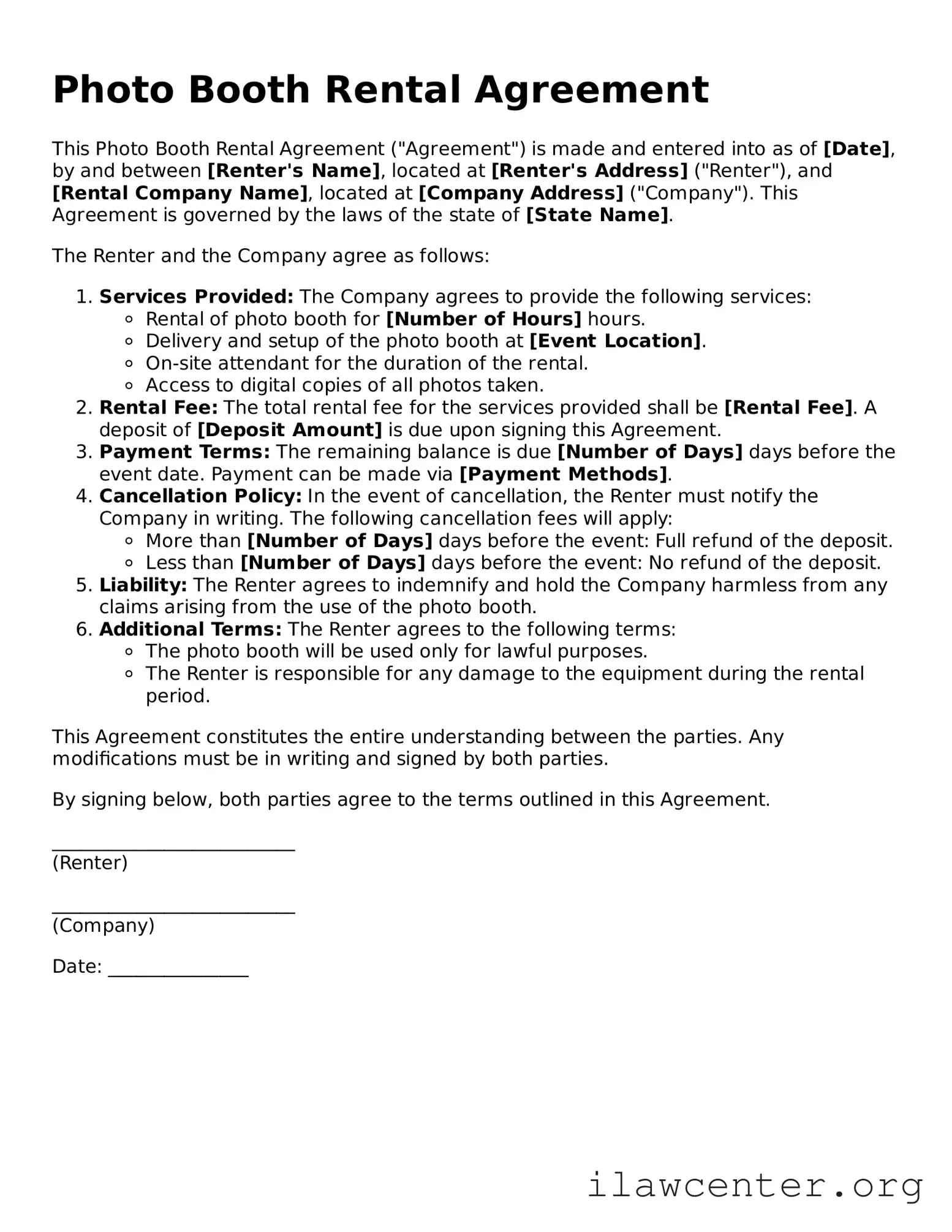 Fillable Photo Booth Rental Agreement Document