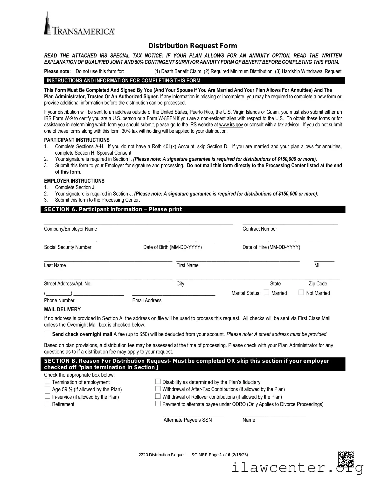 Transamerica 401K Withdrawal PDF Template