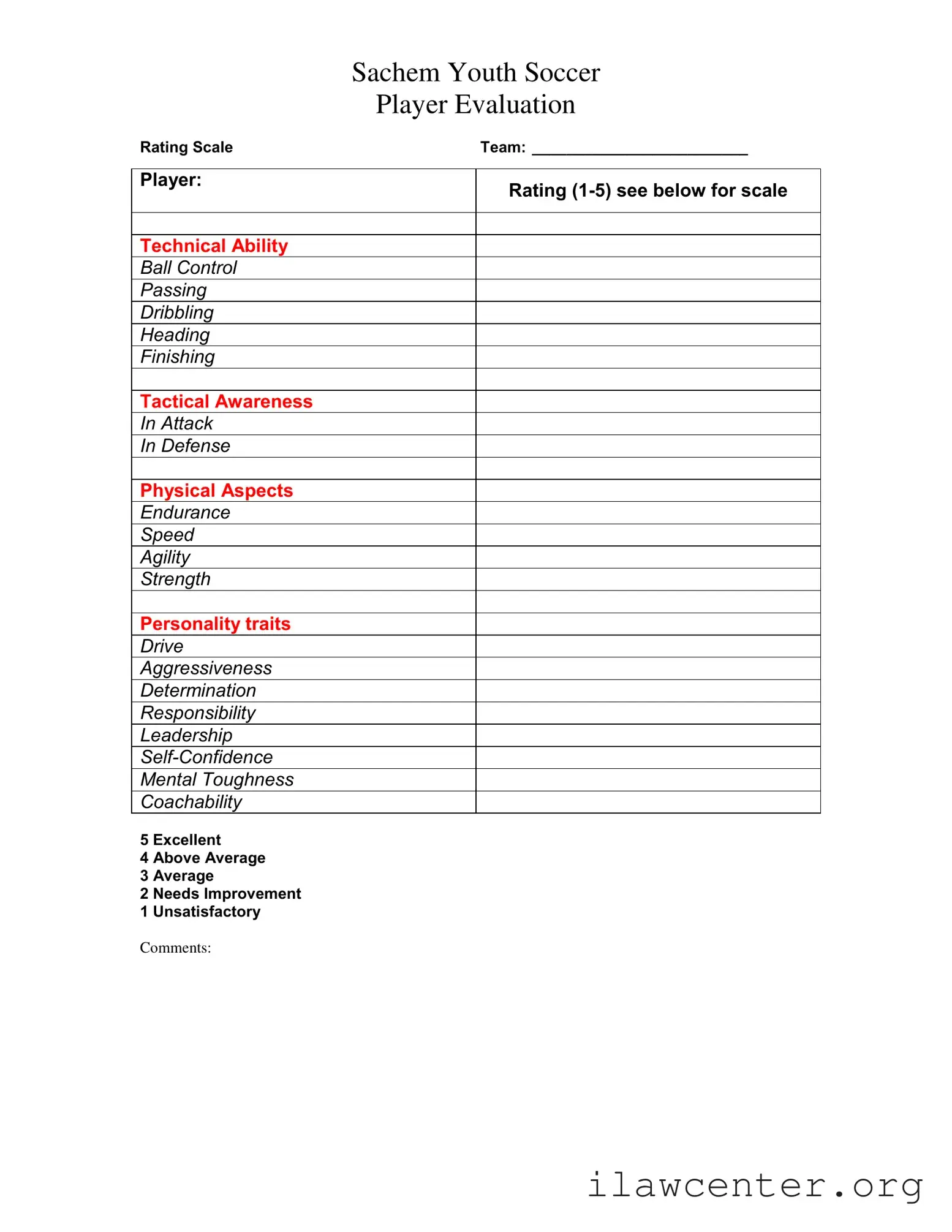 Soccer Player Evaluation PDF Template