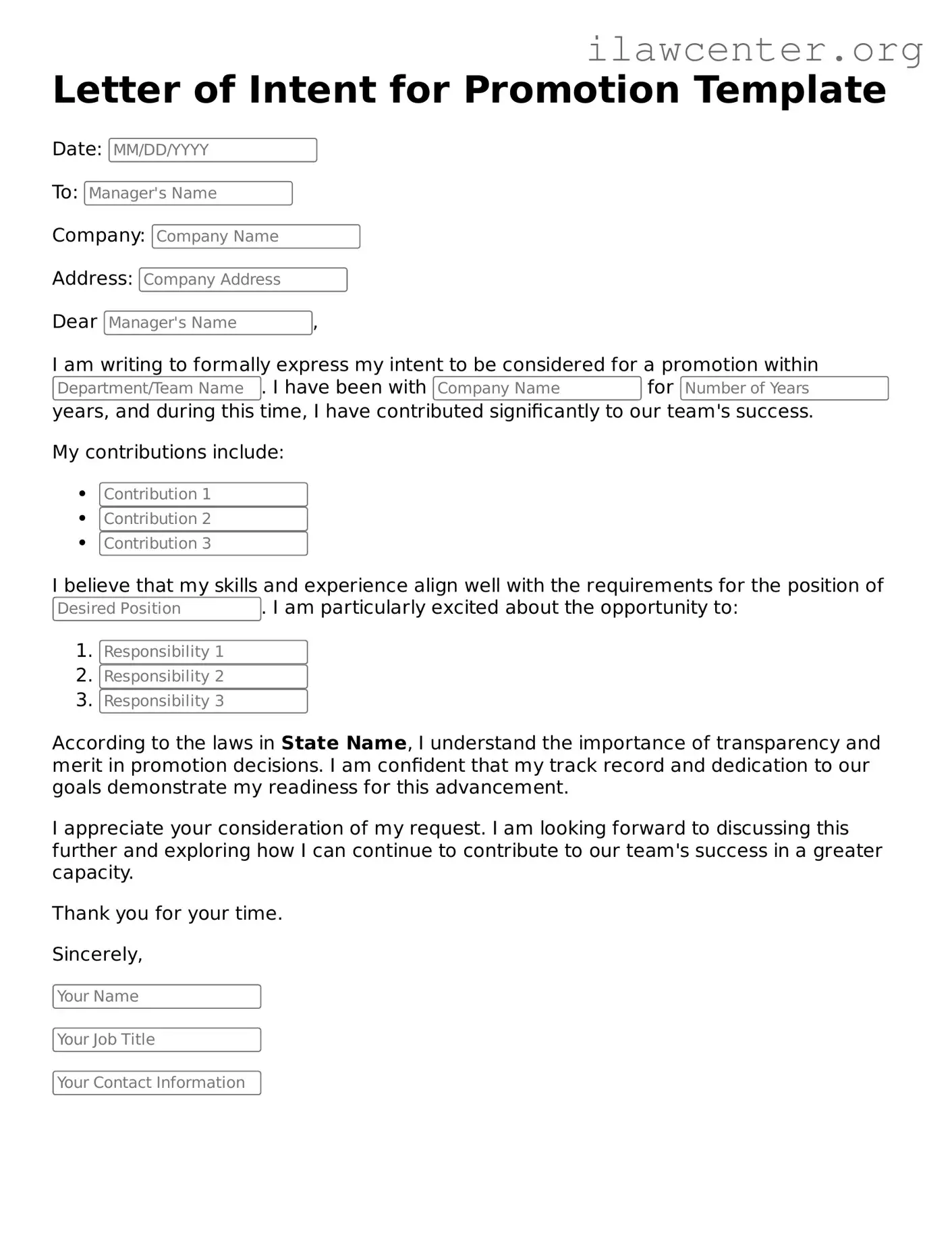 Fillable Letter of Intent for Promotion Document