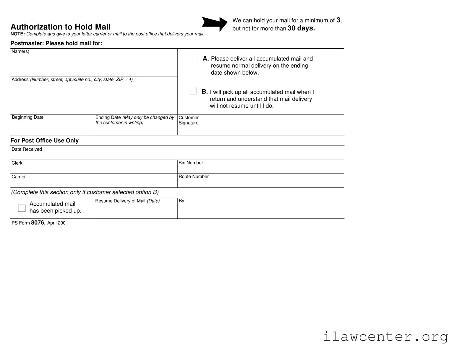 Usps Hold Mail Request PDF Template