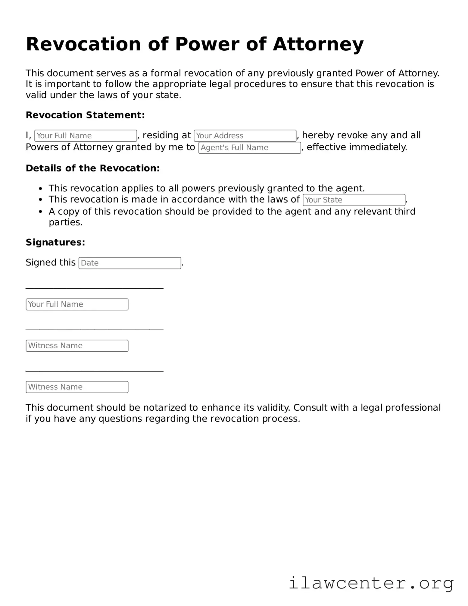 Fillable Revocation of Power of Attorney Document