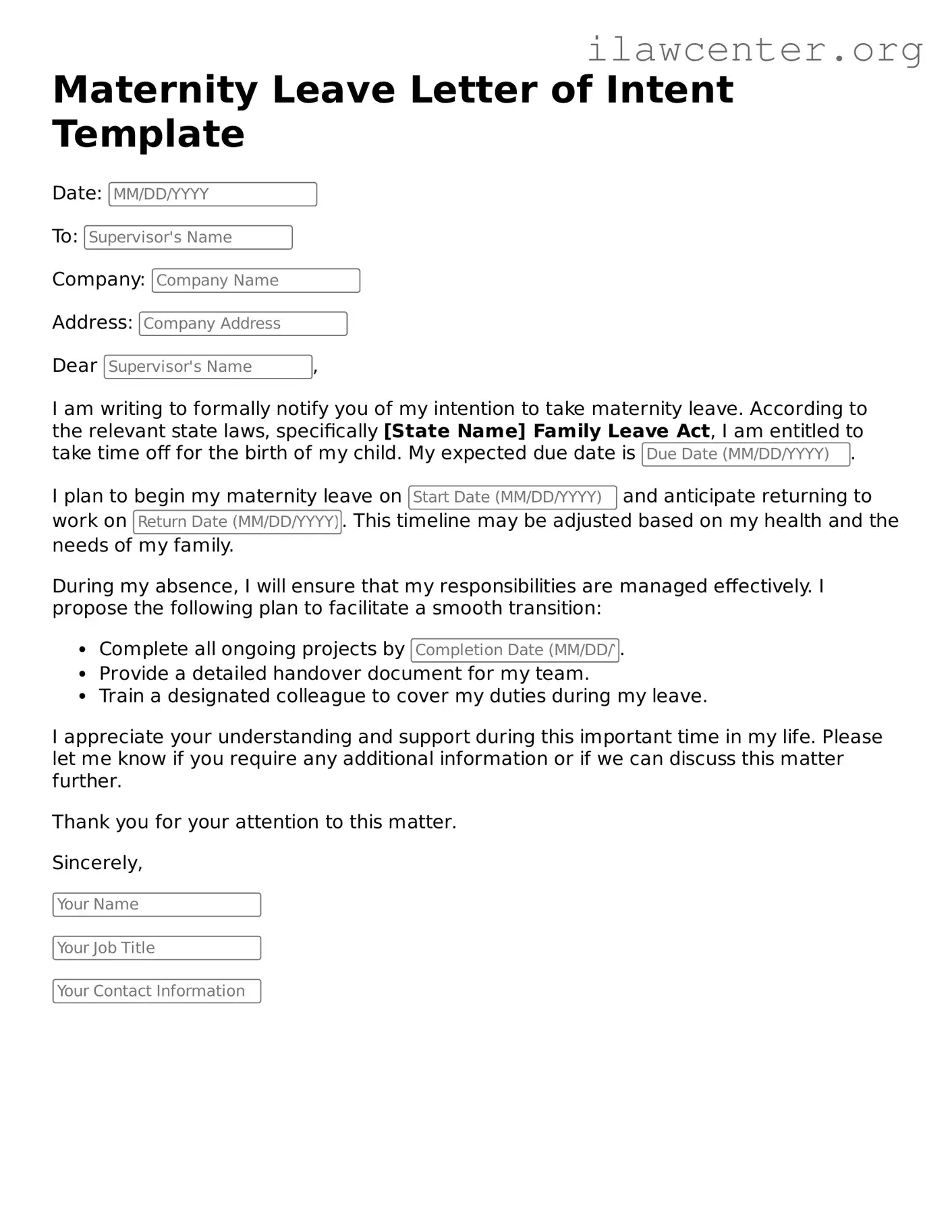 Fillable Maternity Leave Letter of Intent Document