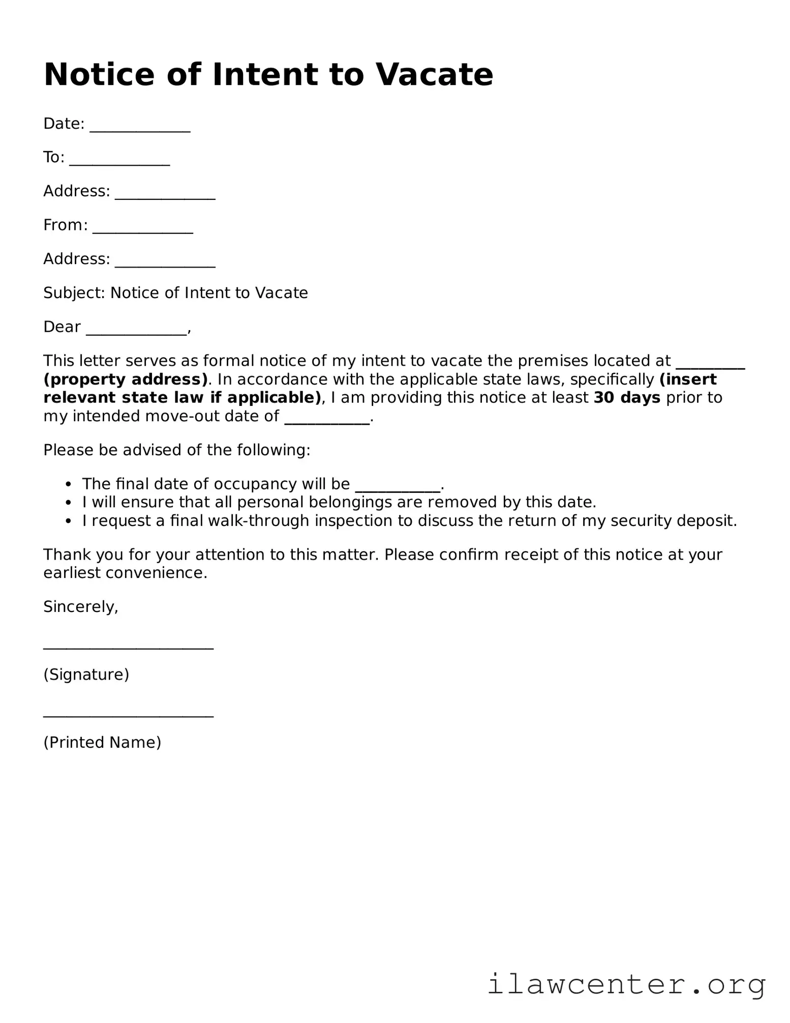 Fillable Notice of Intent to Vacate Document