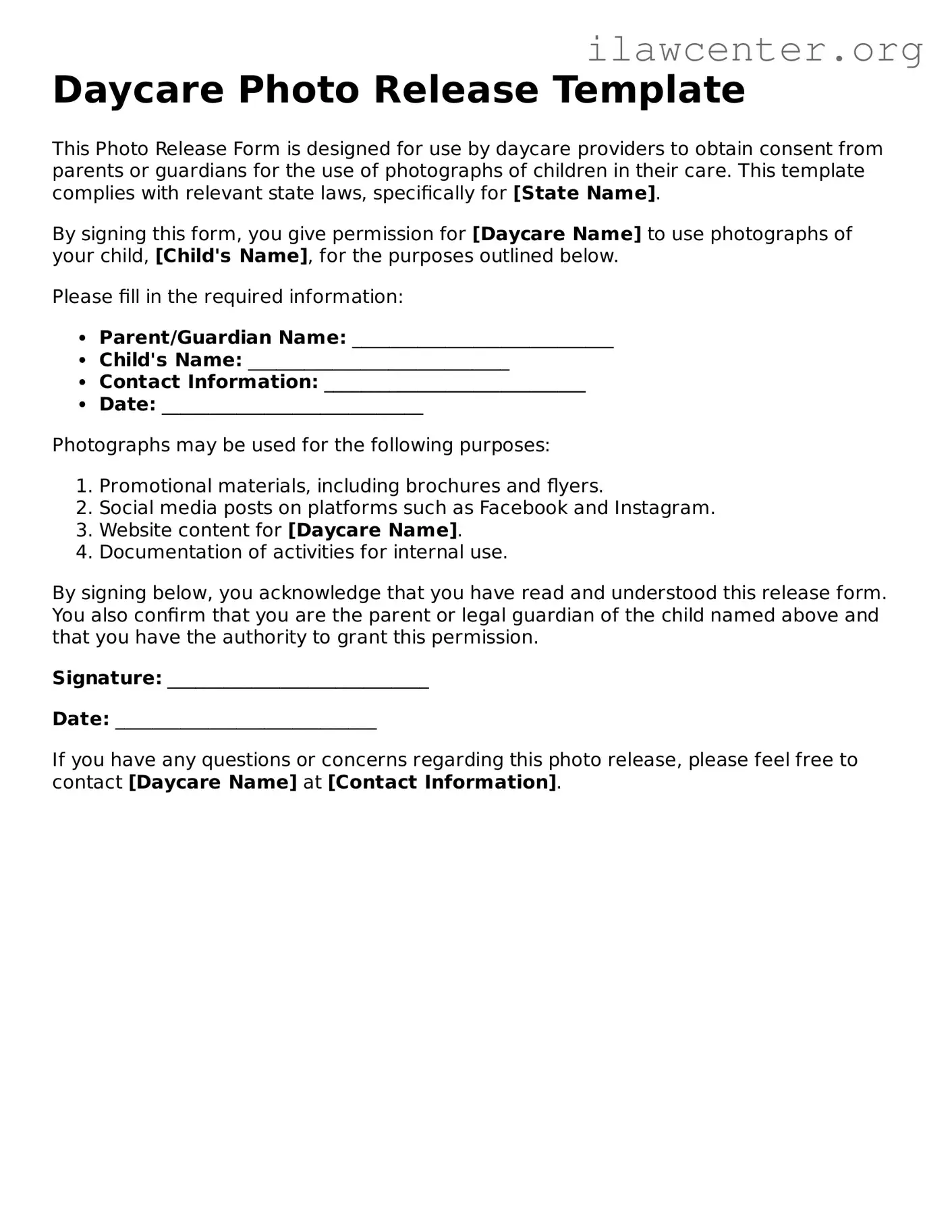 Fillable Daycare Photo Release Document