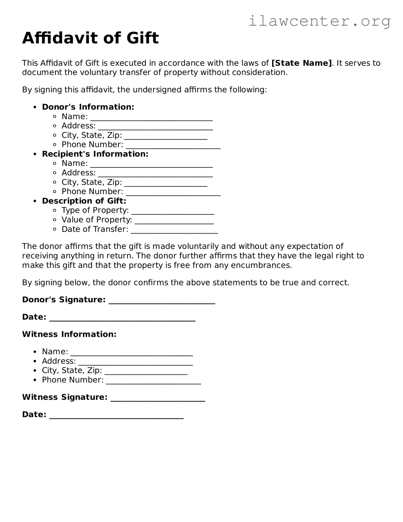 Fillable Affidavit of Gift Document