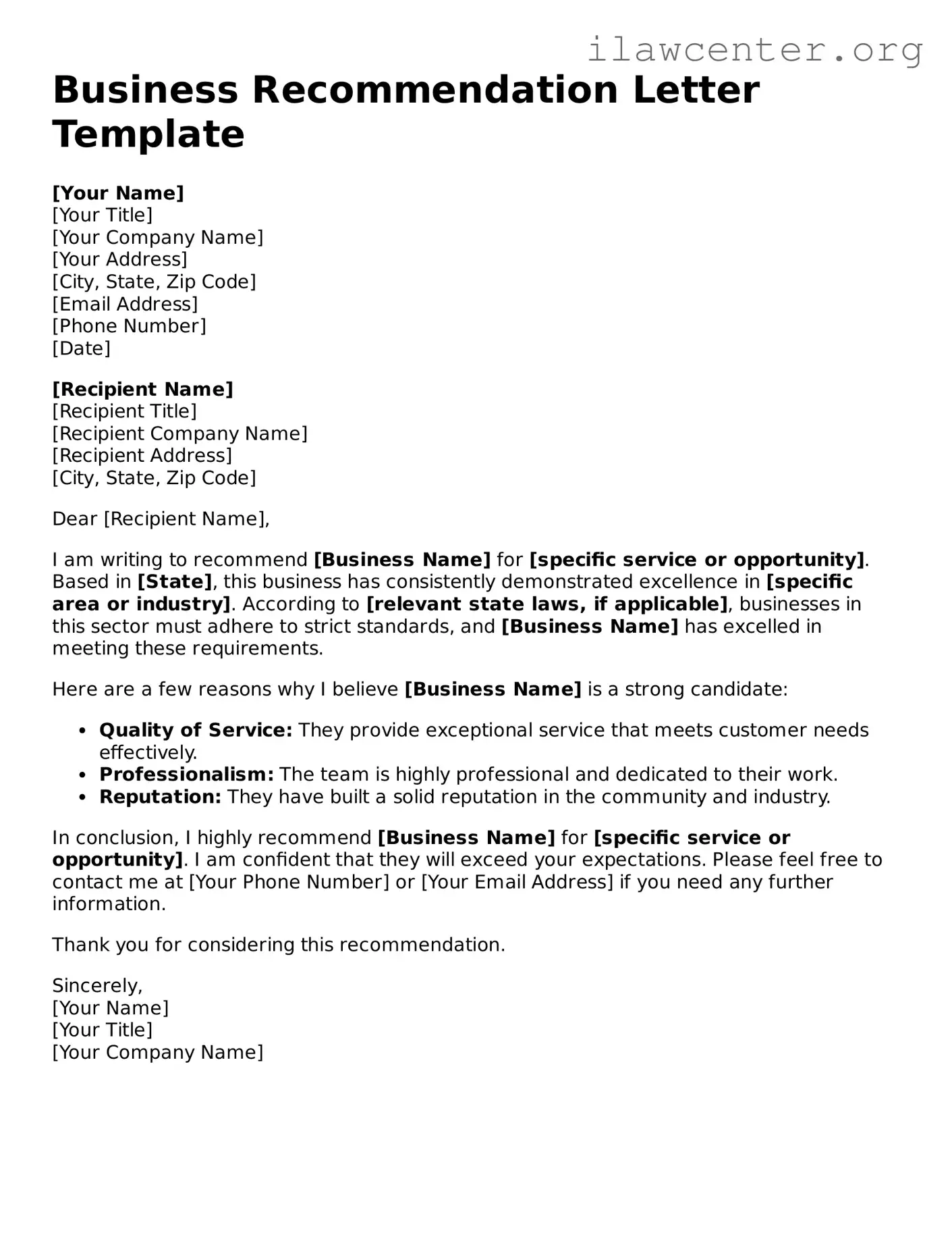 Fillable Business Recommendation Letter Document