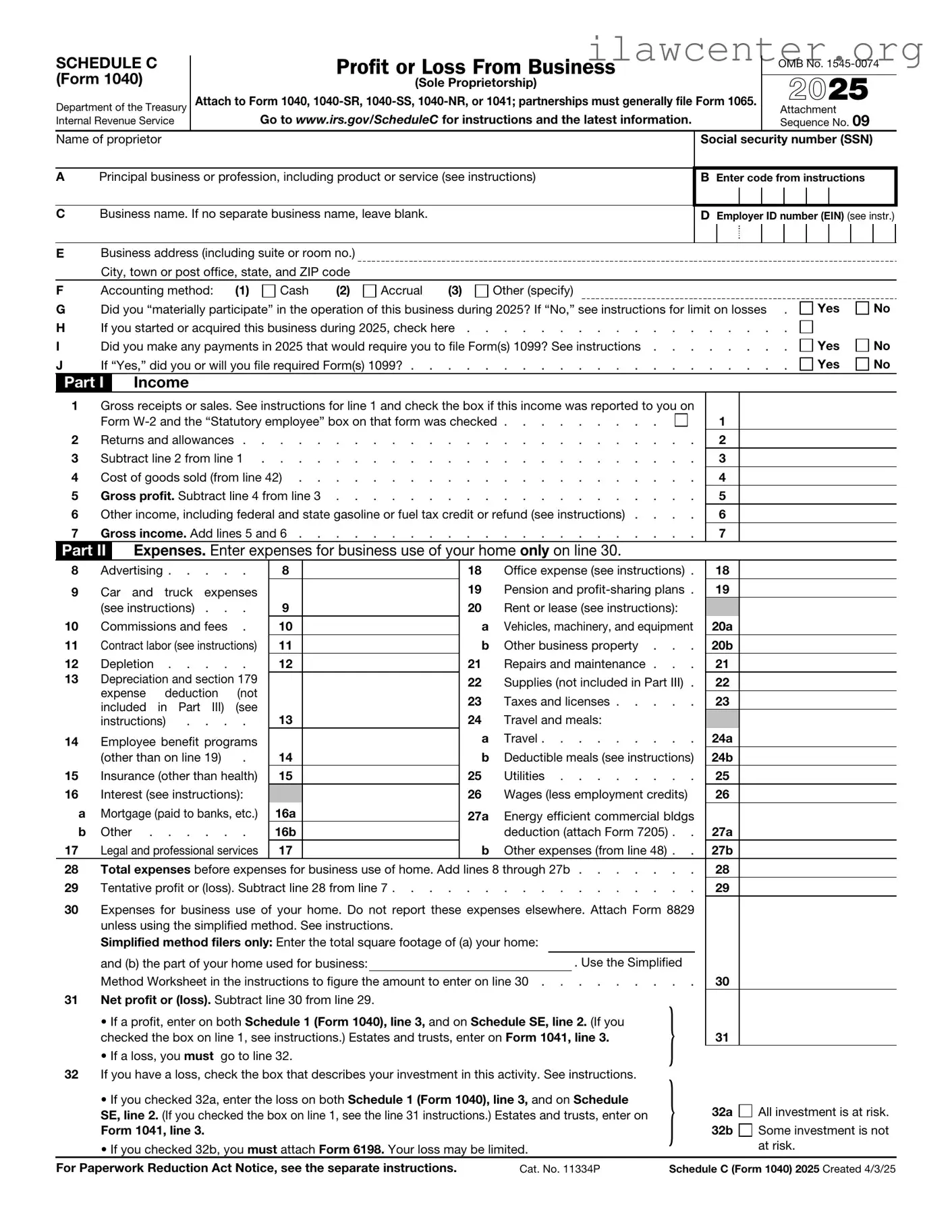 IRS Schedule C 1040 PDF Template