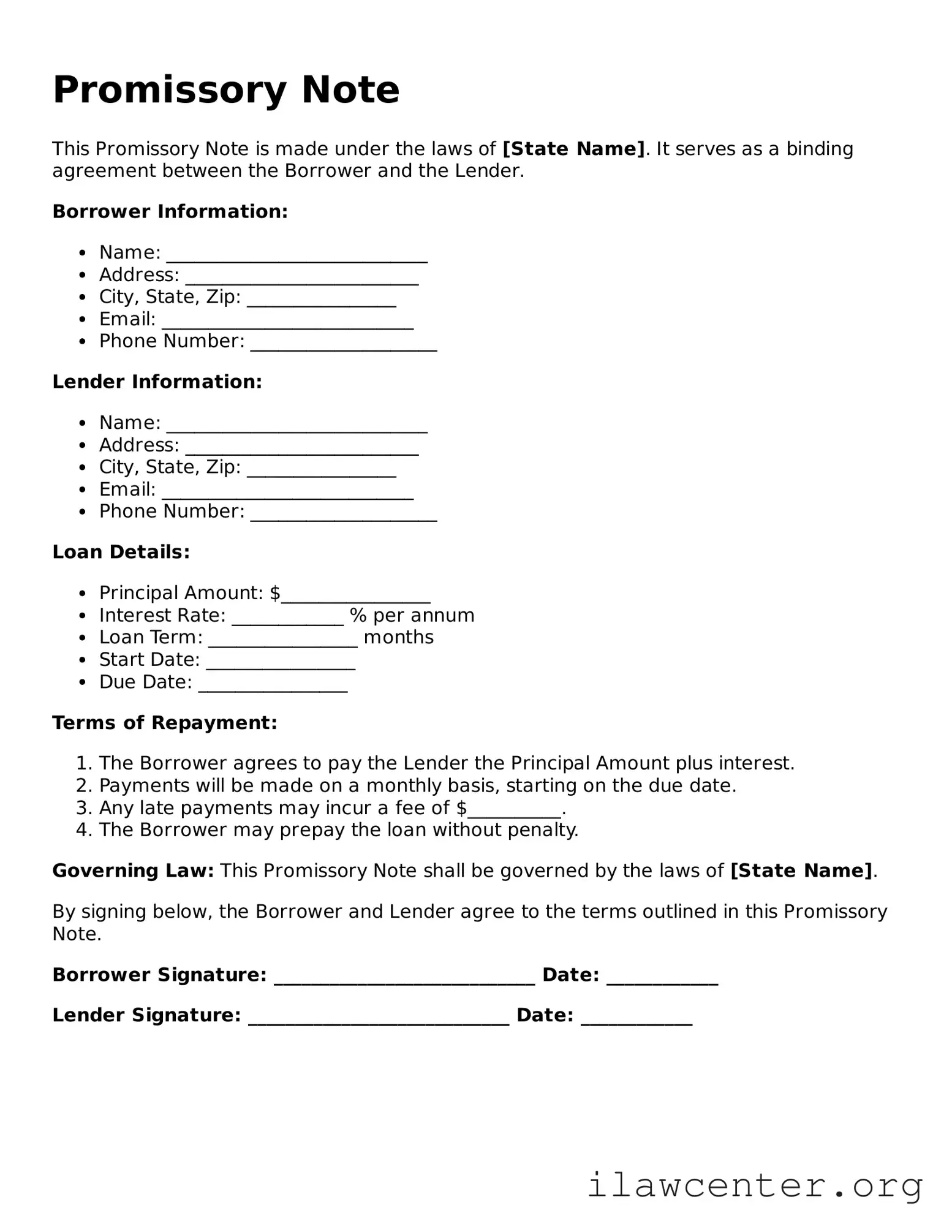 Fillable Promissory Note Document