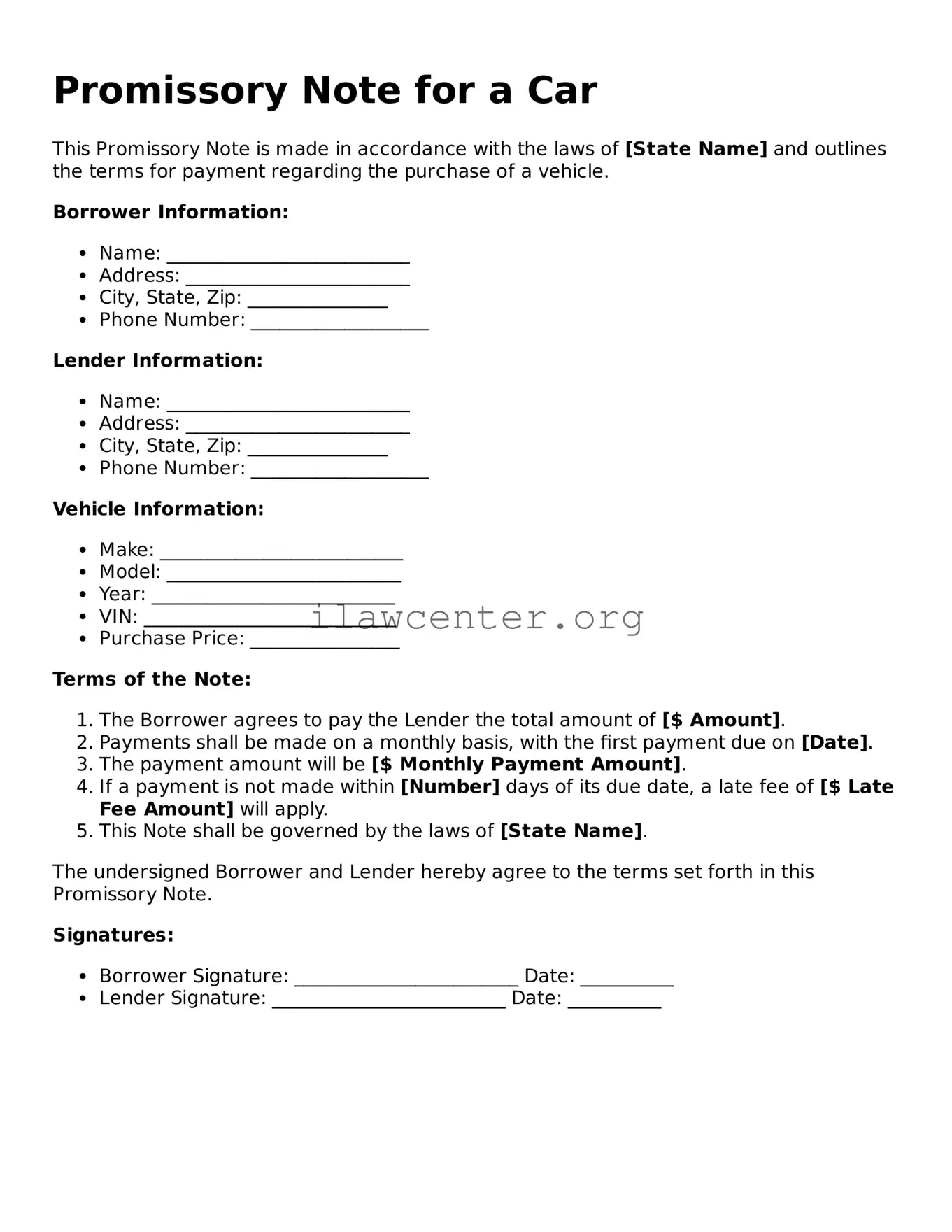 Fillable Promissory Note for a Car Document