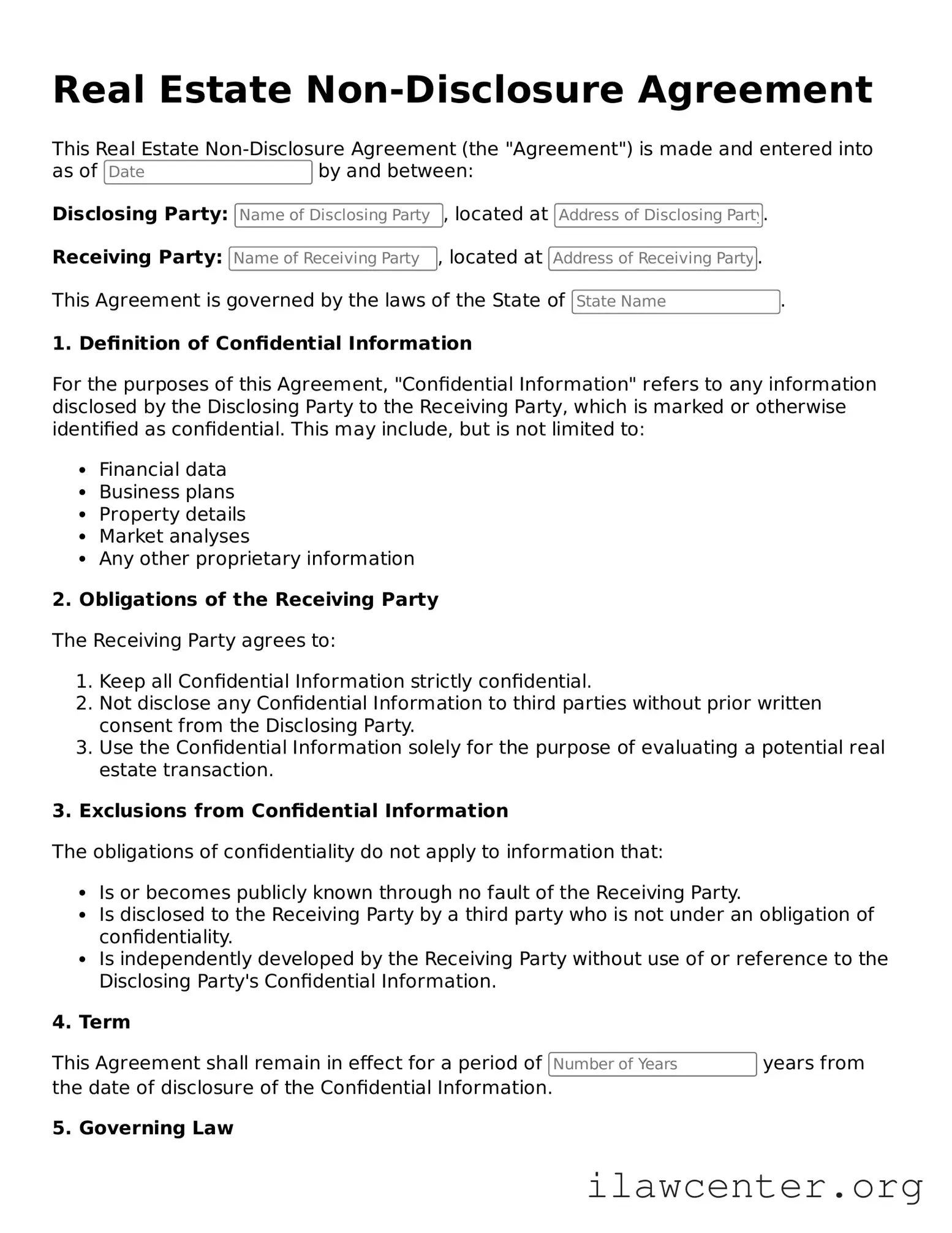 Fillable Real Estate Non-Disclosure Agreement Document