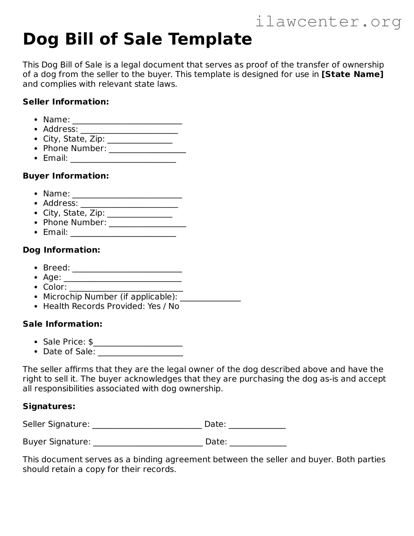 Fillable Dog Bill of Sale Document