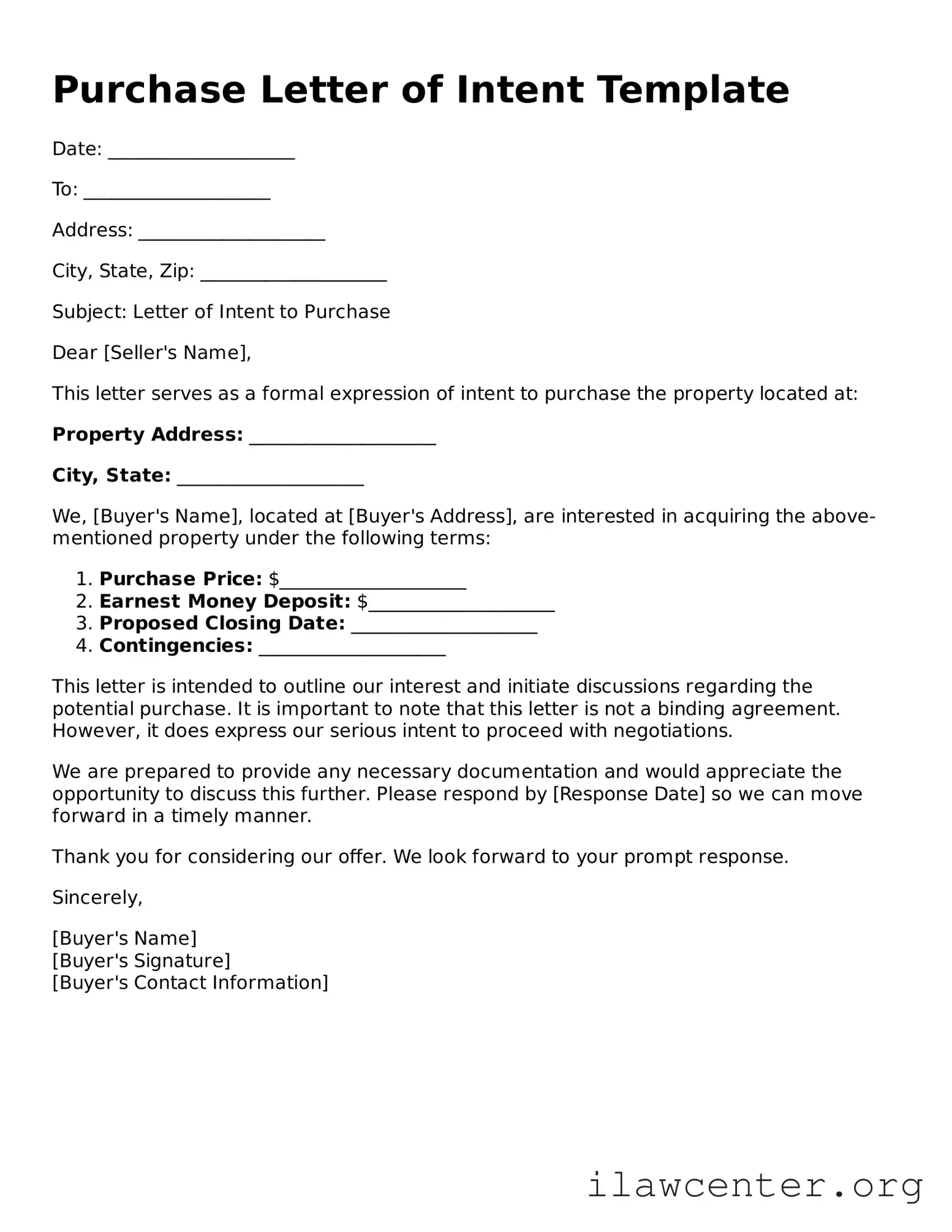 Fillable Purchase Letter of Intent Document