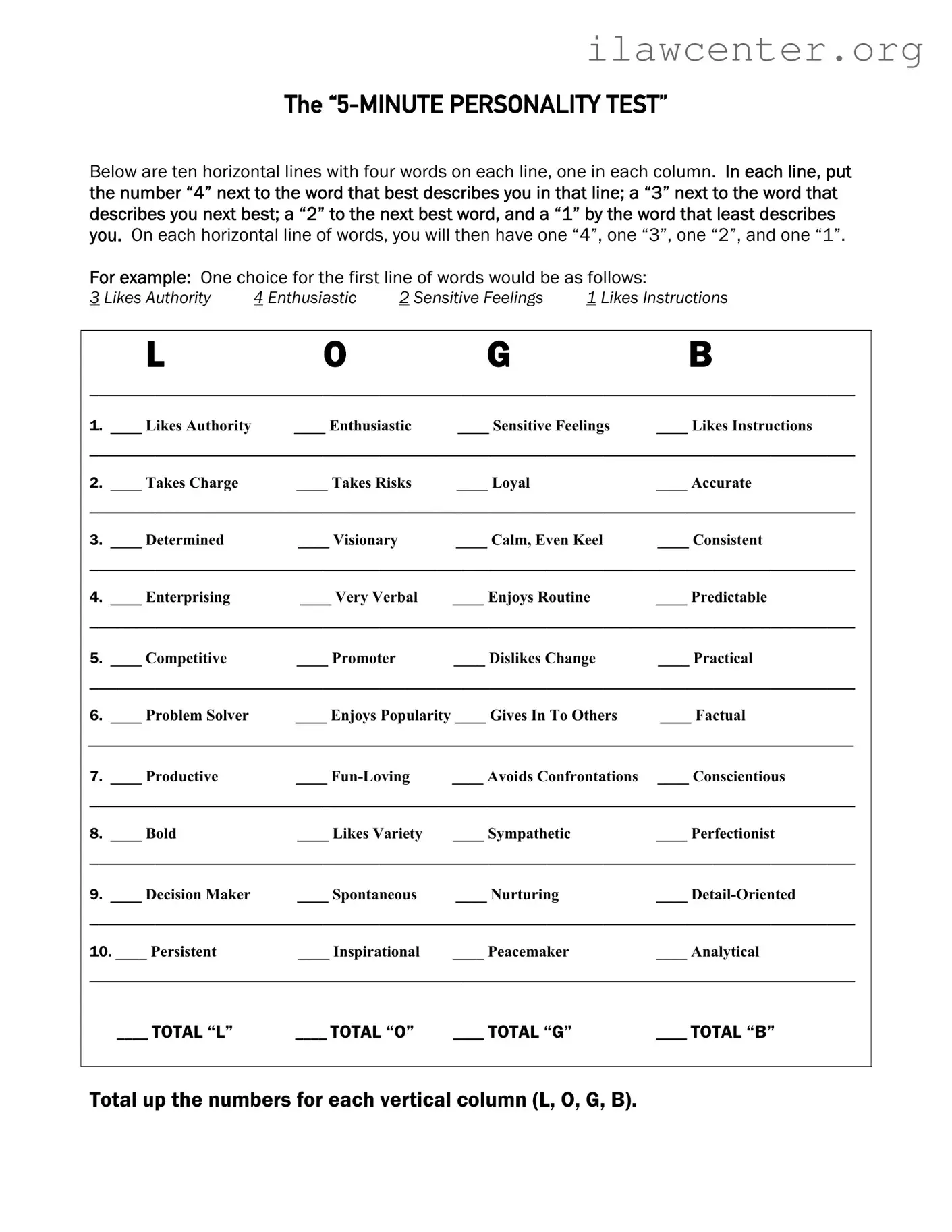 5 Minute Personality Test PDF Template