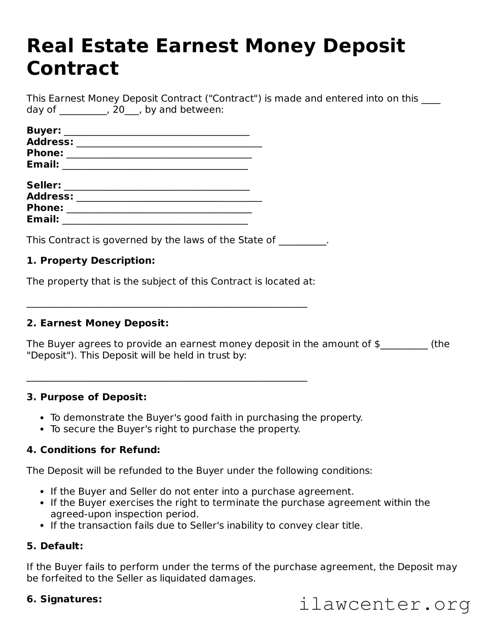 Fillable Real Estate Earnest Money Deposit Contract Document