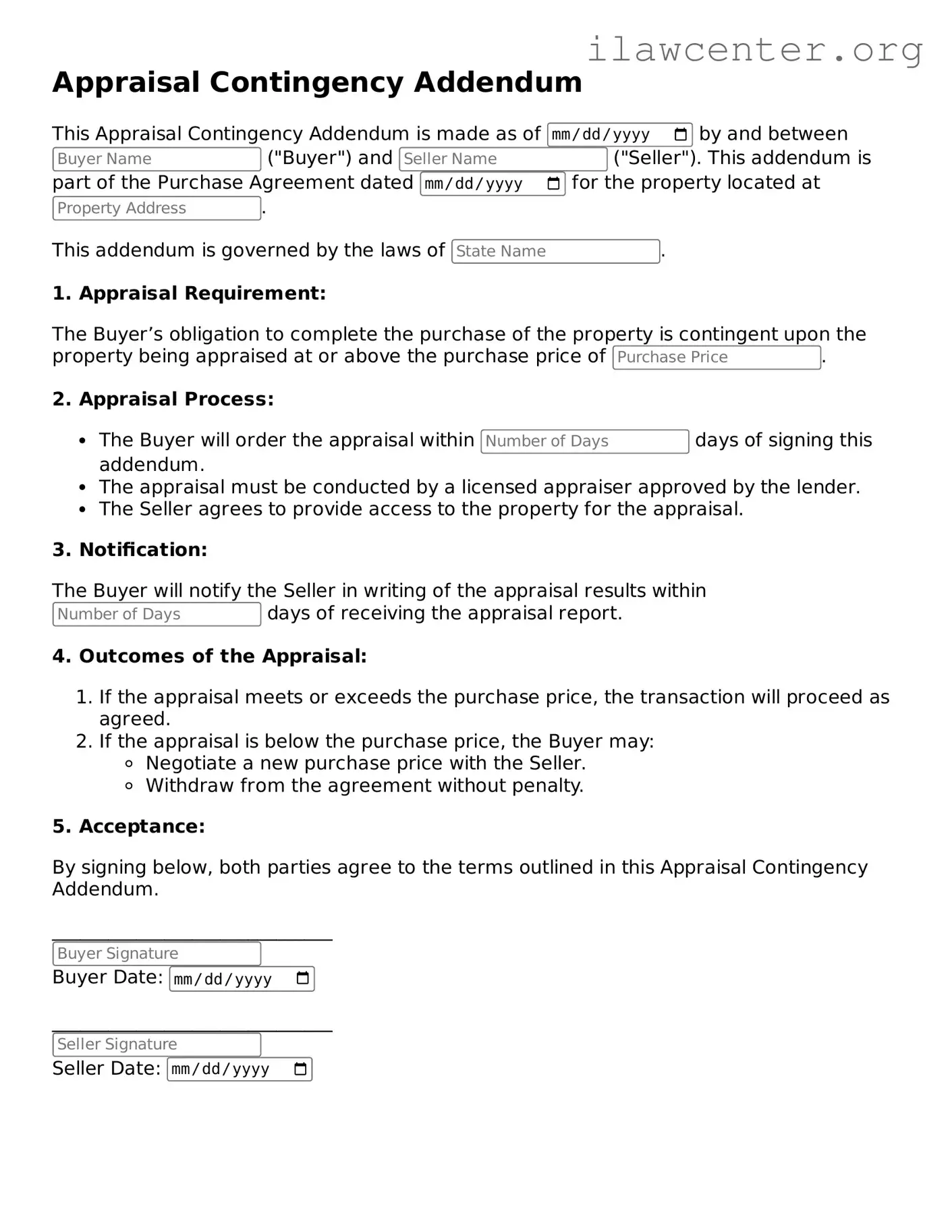 Fillable Appraisal Contingency Addendum Document